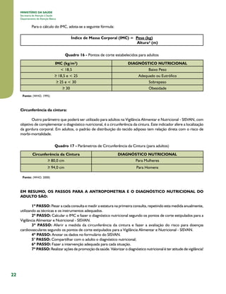 22
MINISTÉRIO DA SAÚDE
Secretaria de Atenção à Saúde
Departamento de Atenção Básica
Para o cálculo do IMC, adota-se a seguinte fórmula:
Índice de Massa Corporal (IMC) = Peso (kg)
Altura² (m)
Quadro 16 - Pontos de corte estabelecidos para adultos
IMC (kg/m²) DIAGNÓSTICO NUTRICIONAL
< 18,5 Baixo Peso
18,5 e < 25 Adequado ou Eutrófico
25 e < 30 Sobrepeso
30 Obesidade
Fonte: (WHO, 1995)
Circunferência da cintura:
Outro parâmetro que poderá ser utilizado para adultos na Vigilância Alimentar e Nutricional - SISVAN, com
objetivo de complementar o diagnóstico nutricional, é a circunferência da cintura. Este indicador afere a localização
da gordura corporal. Em adultos, o padrão de distribuição do tecido adiposo tem relação direta com o risco de
morbi-mortalidade.
Quadro 17 - Parâmetros de Circunferência da Cintura (para adultos)
Circunferência da Cintura DIAGNÓSTICO NUTRICIONAL
80,0 cm Para Mulheres
94,0 cm Para Homens
Fonte: (WHO, 2000)
EM RESUMO, OS PASSOS PARA A ANTROPOMETRIA E O DIAGNÓSTICO NUTRICIONAL DO
ADULTO SÃO:
1º PASSO: Pesar a cada consulta e medir a estatura na primeira consulta, repetindo esta medida anualmente,
utilizando as técnicas e os instrumentos adequados.
2º PASSO: Calcular o IMC e fazer o diagnóstico nutricional segundo os pontos de corte estipulados para a
Vigilância Alimentar e Nutricional - SISVAN.
3º PASSO: Aferir a medida da circunferência da cintura e fazer a avaliação do risco para doenças
cardiovasculares segundo os pontos de corte estipulados para a Vigilância Alimentar e Nutricional - SISVAN.
4º PASSO: Anotar os dados no formulário do SISVAN.
5° PASSO: Compartilhar com o adulto o diagnóstico nutricional;
6º PASSO: Fazer a intervenção adequada para cada situação.
7º PASSO: Realizar ações de promoção da saúde. Valorizar o diagnóstico nutricional é ter atitude de vigilância!
 
