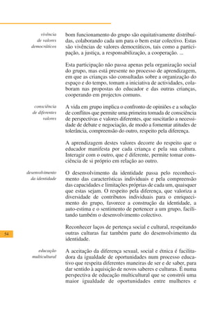 vivência     bom funcionamento do grupo são equitativamente distribuí-
         de valores     das, colaborando cada um para o bem estar colectivo. Estas
       democráticos     são vivências de valores democráticos, tais como a partici-
                        pação, a justiça, a responsabilização, a cooperação. ...

                        Esta participação não passa apenas pela organização social
                        do grupo, mas está presente no processo de aprendizagem,
                        em que as crianças são consultadas sobre a organização do
                        espaço e do tempo, tomam a iniciativa de actividades, cola-
                        boram nas propostas do educador e das outras crianças,
                        cooperando em projectos comuns.

         consciência    A vida em grupo implica o confronto de opiniões e a solução
        de diferentes   de conflitos que permite uma primeira tomada de consciência
              valores   de perspectivas e valores diferentes, que suscitarão a necessi-
                        dade de debate e negociação, de modo a fomentar atitudes de
                        tolerância, compreensão do outro, respeito pela diferença.

                        A aprendizagem destes valores decorre do respeito que o
                        educador manifesta por cada criança e pela sua cultura.
                        Interagir com o outro, que é diferente, permite tomar cons-
                        ciência de si próprio em relação ao outro.

     desenvolvimento    O desenvolvimento da identidade passa pelo reconheci-
       da identidade    mento das características individuais e pela compreensão
                        das capacidades e limitações próprias de cada um, quaisquer
                        que estas sejam. O respeito pela diferença, que valoriza a
                        diversidade de contributos individuais para o enriqueci-
                        mento do grupo, favorece a construção da identidade, a
                        auto-estima e o sentimento de pertencer a um grupo, facili-
                        tando também o desenvolvimento colectivo.

                        Reconhecer laços de pertença social e cultural, respeitando
54                      outras culturas faz também parte do desenvolvimento da
                        identidade.

          educação      A aceitação da diferença sexual, social e étnica é facilita-
       multicultural    dora da igualdade de oportunidades num processo educa-
                        tivo que respeita diferentes maneiras de ser e de saber, para
                        dar sentido à aquisição de novos saberes e culturas. É numa
                        perspectiva de educação multicultural que se constrói uma
                        maior igualdade de oportunidades entre mulheres e
 