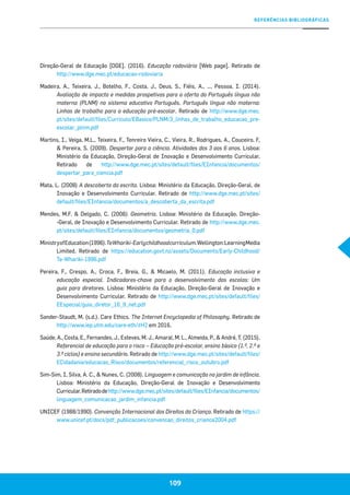 109
REFERÊNCIAS BIBLIOGRÁFICAS
Direção-Geral de Educação [DGE]. (2016). Educação rodoviária [Web page]. Retirado de
http://www.dge.mec.pt/educacao-rodoviaria
Madeira, A., Teixeira, J., Botelho, F., Costa, J., Deus, S., Fiéis, A., …, Pessoa, I. (2014).
Avaliação de impacto e medidas prospetivas para a oferta do Português língua não
materna (PLNM) no sistema educativo Português. Português língua não materna:
Linhas de trabalho para a educação pré-escolar. Retirado de http://www.dge.mec.
pt/sites/default/files/Curriculo/EBasico/PLNM/3_linhas_de_trabalho_educacao_pre-
escolar_plnm.pdf
Martins, I., Veiga, M.L., Teixeira, F., Tenreiro Vieira, C., Vieira, R., Rodrigues, A., Couceiro, F,
& Pereira, S. (2009). Despertar para a ciência. Atividades dos 3 aos 6 anos. Lisboa:
Ministério da Educação, Direção-Geral de Inovação e Desenvolvimento Curricular.
Retirado de http://www.dge.mec.pt/sites/default/files/EInfancia/documentos/
despertar_para_ciencia.pdf
Mata, L. (2008) A descoberta da escrita. Lisboa: Ministério da Educação, Direção-Geral, de
Inovação e Desenvolvimento Curricular. Retirado de http://www.dge.mec.pt/sites/
default/files/EInfancia/documentos/a_descoberta_da_escrita.pdf
Mendes, M.F. & Delgado, C. (2008). Geometria. Lisboa: Ministério da Educação, Direção-
-Geral, de Inovação e Desenvolvimento Curricular. Retirado de http://www.dge.mec.
pt/sites/default/files/EInfancia/documentos/geometria_0.pdf
MinistryofEducation(1996).TeWhariki-Earlychildhoodcurriculum.Wellington:LearningMedia
Limited. Retirado de https://education.govt.nz/assets/Documents/Early-Childhood/
Te-Whariki-1996.pdf
Pereira, F., Crespo, A., Croca, F., Breia, G., & Micaelo, M. (2011). Educação inclusiva e
educação especial. Indicadores-chave para o desenvolvimento das escolas: Um
guia para diretores. Lisboa: Ministério da Educação, Direção-Geral de Inovação e
Desenvolvimento Curricular. Retirado de http://www.dge.mec.pt/sites/default/files/
EEspecial/guia_diretor_16_9_net.pdf
Sander-Staudt, M. (s.d.). Care Ethics. The Internet Encyclopedia of Philosophy. Retirado de
http://www.iep.utm.edu/care-eth/#H2 em 2016.
Saúde, A., Costa, E., Fernandes, J., Esteves, M. J., Amaral, M. L., Almeida, P., & André, T. (2015).
Referencial de educação para o risco – Educação pré-escolar, ensino básico (1.º, 2.º e
3.º ciclos) e ensino secundário. Retirado de http://www.dge.mec.pt/sites/default/files/
ECidadania/educacao_Risco/documentos/referencial_risco_outubro.pdf
Sim-Sim, I, Silva, A. C., & Nunes, C. (2008). Linguagem e comunicação no jardim de infância.
Lisboa: Ministério da Educação, Direção-Geral de Inovação e Desenvolvimento
Curricular.Retiradodehttp://www.dge.mec.pt/sites/default/files/EInfancia/documentos/
linguagem_comunicacao_jardim_infancia.pdf
UNICEF (1988/1990). Convenção Internacional dos Direitos da Criança. Retirado de https://
www.unicef.pt/docs/pdf_publicacoes/convencao_direitos_crianca2004.pdf
 