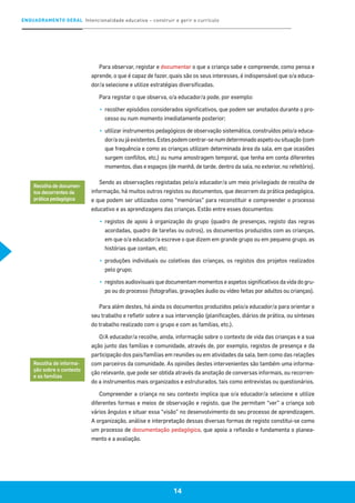 ENQUADRAMENTO GERAL Intencionalidade educativa – construir e gerir o currículo
14
Para observar, registar e documentar o que a criança sabe e compreende, como pensa e
aprende, o que é capaz de fazer, quais são os seus interesses, é indispensável que o/a educa-
dor/a selecione e utilize estratégias diversificadas.
Para registar o que observa, o/a educador/a pode, por exemplo:
▪▪ recolher episódios considerados significativos, que podem ser anotados durante o pro-
cesso ou num momento imediatamente posterior;
▪▪ utilizar instrumentos pedagógicos de observação sistemática, construídos pelo/a educa-
dor/aoujáexistentes.Estespodemcentrar-senumdeterminadoaspetoousituação(com
que frequência e como as crianças utilizam determinada área da sala, em que ocasiões
surgem conflitos, etc.) ou numa amostragem temporal, que tenha em conta diferentes
momentos, dias e espaços (de manhã, de tarde, dentro da sala, no exterior, no refeitório).
Sendo as observações registadas pelo/a educador/a um meio privilegiado de recolha de
informação, há muitos outros registos ou documentos, que decorrem da prática pedagógica,
e que podem ser utilizados como “memórias” para reconstituir e compreender o processo
educativo e as aprendizagens das crianças. Estão entre esses documentos:
▪▪ registos de apoio à organização do grupo (quadro de presenças, registo das regras
acordadas, quadro de tarefas ou outros), os documentos produzidos com as crianças,
em que o/a educador/a escreve o que dizem em grande grupo ou em pequeno grupo, as
histórias que contam, etc;
▪▪ produções individuais ou coletivas das crianças, os registos dos projetos realizados
pelo grupo;
▪▪ registos audiovisuais que documentam momentos e aspetos significativos da vida do gru-
po ou do processo (fotografias, gravações áudio ou vídeo feitas por adultos ou crianças).
Para além destes, há ainda os documentos produzidos pelo/a educador/a para orientar o
seu trabalho e refletir sobre a sua intervenção (planificações, diários de prática, ou sínteses
do trabalho realizado com o grupo e com as famílias, etc.).
O/A educador/a recolhe, ainda, informação sobre o contexto de vida das crianças e a sua
ação junto das famílias e comunidade, através de, por exemplo, registos de presença e da
participação dos pais/famílias em reuniões ou em atividades da sala, bem como das relações
com parceiros da comunidade. As opiniões destes intervenientes são também uma informa-
ção relevante, que pode ser obtida através da anotação de conversas informais, ou recorren-
do a instrumentos mais organizados e estruturados, tais como entrevistas ou questionários.
Compreender a criança no seu contexto implica que o/a educador/a selecione e utilize
diferentes formas e meios de observação e registo, que lhe permitam “ver” a criança sob
vários ângulos e situar essa “visão” no desenvolvimento do seu processo de aprendizagem.
A organização, análise e interpretação dessas diversas formas de registo constitui-se como
um processo de documentação pedagógica, que apoia a reflexão e fundamenta o planea-
mento e a avaliação.
Recolha de documen-
tos decorrentes da
prática pedagógica
Recolha de informa-
ção sobre o contexto
e as famílias
 