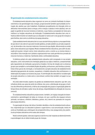 ENQUADRAMENTO GERAL Organização do ambiente educativo
23
Organização do estabelecimento educativo
O estabelecimento educativo deve organizar-se como um contexto facilitador do desen-
volvimento e da aprendizagem das crianças, proporcionando também oportunidades de for-
mação dos adultos que nele trabalham. Estabelece procedimentos de interação entre os
diferentes intervenientes (entre crianças, entre crianças e adultos e entre adultos), tem um
papel na gestão de recursos humanos e materiais, o que implica a prospeção de meios para
melhorar as funções educativas da instituição. O estabelecimento educativo tem uma in-
fluência determinante no trabalho que o/a educador/a realiza com o seu grupo de crianças e
pais/famílias, bem como na dinâmica da equipa educativa.
Cada estabelecimento educativo tem as suas características próprias e uma especificida-
de que decorre da rede em que está incluído (pública, privada solidária ou privada cooperati-
va), da dimensão e dos recursos materiais e humanos de que dispõe, diferenciando-se ainda
pelos níveis educativos que engloba. Muitos estabelecimentos educativos, para além da edu-
cação pré-escolar, incluem outros níveis educativos como a creche ou os ensinos básico e
secundário. Esta inserção num contexto organizacional mais vasto permite tirar proveito de
recursos humanos e materiais, facilitando ainda a continuidade educativa.
A dinâmica própria de cada estabelecimento educativo está consignada no seu projeto
educativo, como instrumento de orientação global da sua ação e melhoria, complementado
pelo regulamento da instituição, que prevê as funções e formas de relação com os diversos
grupos que compõem a comunidade (órgãos de gestão, profissionais, pais/famílias e alunos).
Estas linhas gerais de orientação, e nomeadamente o projeto educativo de estabelecimento
educativo/agrupamento de escolas, enquadram o trabalho educativo dos profissionais e a
elaboração do projetos curriculares de grupo. A contribuição dos educadores na elaboração
do projeto educativo e o modo como o concretizam confere-lhes também um papel na sua
avaliação.
Há ainda determinados aspetos da gestão do estabelecimento educativo que têm uma
influência direta nas salas de jardim de infância, tais como a distribuição de grupos e horá-
rios dos diferentes profissionais, critérios de composição dos grupos e organização global do
tempo (horas de entrada e saída, horas de almoço, disponibilidade de utilização de recursos
comuns).
Os estabelecimentos educativos proporcionam, também, um espaço alargado de desen-
volvimento e aprendizagem de todas as crianças, em que a partilha dos espaços comuns
(entrada, corredores, refeitório, biblioteca, ginásio, etc.) deverá ser planeada em conjunto
pela equipa educativa.
A organização do tempo não letivo é também decidida a nível do estabelecimento educa-
tivo, importando que o/a educador/a planeie e supervisione a sua concretização, tendo em
conta as finalidades que a distinguem da componente letiva, mas assegurando uma coerên-
cia de princípios educativos entre estes dois tempos.
Neste contexto global, cada sala organiza-se de forma a dar resposta ao desenvolvimento
e aprendizagem de um determinado grupo de crianças.
Projeto Educativo
de Estabelecimento/
Agrupamento
Projeto curricular de
grupo
Organização do
tempo não letivo
 