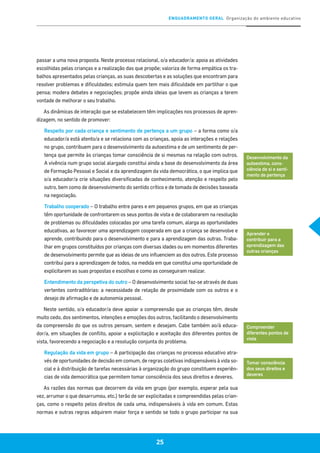 ENQUADRAMENTO GERAL Organização do ambiente educativo
25
passar a uma nova proposta. Neste processo relacional, o/a educador/a: apoia as atividades
escolhidas pelas crianças e a realização das que propõe; valoriza de forma empática os tra-
balhos apresentados pelas crianças, as suas descobertas e as soluções que encontram para
resolver problemas e dificuldades; estimula quem tem mais dificuldade em partilhar o que
pensa; modera debates e negociações; propõe ainda ideias que levem as crianças a terem
vontade de melhorar o seu trabalho.
As dinâmicas de interação que se estabelecem têm implicações nos processos de apren-
dizagem, no sentido de promover:
Respeito por cada criança e sentimento de pertença a um grupo – a forma como o/a
educador/a está atento/a e se relaciona com as crianças, apoia as interações e relações
no grupo, contribuem para o desenvolvimento da autoestima e de um sentimento de per-
tença que permite às crianças tomar consciência de si mesmas na relação com outros.
A vivência num grupo social alargado constitui ainda a base do desenvolvimento da área
de Formação Pessoal e Social e da aprendizagem da vida democrática, o que implica que
o/a educador/a crie situações diversificadas de conhecimento, atenção e respeito pelo
outro, bem como de desenvolvimento do sentido crítico e de tomada de decisões baseada
na negociação.
Trabalho cooperado – O trabalho entre pares e em pequenos grupos, em que as crianças
têm oportunidade de confrontarem os seus pontos de vista e de colaborarem na resolução
de problemas ou dificuldades colocadas por uma tarefa comum, alarga as oportunidades
educativas, ao favorecer uma aprendizagem cooperada em que a criança se desenvolve e
aprende, contribuindo para o desenvolvimento e para a aprendizagem das outras. Traba-
lhar em grupos constituídos por crianças com diversas idades ou em momentos diferentes
de desenvolvimento permite que as ideias de uns influenciem as dos outros. Este processo
contribui para a aprendizagem de todos, na medida em que constitui uma oportunidade de
explicitarem as suas propostas e escolhas e como as conseguiram realizar.
Entendimento da perspetiva do outro – O desenvolvimento social faz-se através de duas
vertentes contraditórias: a necessidade de relação de proximidade com os outros e o
desejo de afirmação e de autonomia pessoal.
Neste sentido, o/a educador/a deve apoiar a compreensão que as crianças têm, desde
muito cedo, dos sentimentos, intenções e emoções dos outros, facilitando o desenvolvimento
da compreensão do que os outros pensam, sentem e desejam. Cabe também ao/à educa-
dor/a, em situações de conflito, apoiar a explicitação e aceitação dos diferentes pontos de
vista, favorecendo a negociação e a resolução conjunta do problema.
Regulação da vida em grupo – A participação das crianças no processo educativo atra-
vés de oportunidades de decisão em comum, de regras coletivas indispensáveis à vida so-
cial e à distribuição de tarefas necessárias à organização do grupo constituem experiên-
cias de vida democrática que permitem tomar consciência dos seus direitos e deveres.
As razões das normas que decorrem da vida em grupo (por exemplo, esperar pela sua
vez, arrumar o que desarrumou, etc.) terão de ser explicitadas e compreendidas pelas crian-
ças, como o respeito pelos direitos de cada uma, indispensáveis à vida em comum. Estas
normas e outras regras adquirem maior força e sentido se todo o grupo participar na sua
Desenvolvimento da
autoestima, cons-
ciência de si e senti-
mento de pertença
Aprender e
contribuir para a
aprendizagem das
outras crianças
Compreender
diferentes pontos de
vista
Tomar consciência
dos seus direitos e
deveres
 