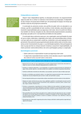 ÁREAS DE CONTEÚDO Área de Formação Pessoal e Social
36
Independência e autonomia
Adquirir maior independência significa, na educação pré-escolar, ser progressivamente
capaz de cuidar de si e utilizar os materiais e instrumentos à sua disposição. A independên-
cia das crianças e do grupo passa também por uma apropriação do espaço e do tempo que
constitui a base de uma progressiva autonomia.
A construção da autonomia envolve uma partilha de poder entre o/a educador/a e as
crianças, que têm a possibilidade de fazer escolhas e tomar decisões, assumindo progres-
sivamente responsabilidades pela sua segurança e bem-estar, não só no jardim de infância,
mas também em diversas situações da vida, demonstrando progressivamente consciência
dos perigos que pode correr e da importância de hábitos de vida saudável.
A construção dessa autonomia passa por uma organização social participada do grupo
em que as regras, elaboradas e negociadas entre todos, são compreendidas pelas crianças,
e em que cada uma se compromete a aceitá-las, conduzindo a uma autorregulação do com-
portamento. Esta autonomia passa igualmente pela decisão coletiva sobre as tarefas neces-
sárias ao bom funcionamento do grupo e a sua distribuição equitativa. Esta participação da
vida no grupo permite às crianças tomarem iniciativas e assumirem responsabilidades, de
modo a promover valores democráticos, tais como a participação a justiça e a cooperação.
Aprendizagens a promover:
▪▪ Saber cuidar de si e responsabilizar-se pela sua segurança e bem-estar.
▪▪ Ir adquirindo a capacidade de fazer escolhas, tomar decisões e assumir responsabilida-
des, tendo em conta o seu bem-estar e o dos outros.
Estas aprendizagens podem ser observadas, por exemplo, quando a criança:
▪	Realiza de forma cada vez mais independente as tarefas indispensáveis à vida do dia a dia (vestir-se,
despir-se, lavar-se, comer utilizando adequadamente os talheres, etc.).
▪	Conhece os materiais disponíveis, a sua localização e se apropria progressivamente da utilização de
jogos, tintas, pincéis, lápis etc., servindo-se deles com cuidado e arrumando-os quando já não precisa.
▪	Conhece os diferentes momentos da rotina diária, a sua sucessão, o que faz em cada um deles e para quê.
▪	Escolhe as atividades que pretende realizar e vai adquirindo progressivamente maior autonomia na
seleção dos recursos disponíveis para as levar a cabo, sem perturbar o grupo.
▪	Se encarrega das tarefas que se comprometeu realizar, executando-as de forma cada vez mais autónoma.
▪	Adquire um maior controlo do seu corpo, força, agilidade, equilíbrio e coordenação muscular que lhe
permitem realizar progressivamente movimentos mais complexos e precisos (subir e descer esca-
das, trepar, encaixar, recortar, etc.).
▪	Conhece e compreende a importância de normas e hábitos de vida saudável e de higiene pessoal e
vai procurando pô-los em prática (distingue os alimentos saudáveis e a sua importância para a saúde,
porque é importante fazer regularmente exercício físico, porquê e quando é preciso lavar as mãos e
os dentes, etc.).
▪	Tem consciência dos riscos físicos que pode correr e adota normas de segurança em casa, no jardim
de infância e na rua (tem alguma consciência e cuidado em situações em que se pode magoar, pedin-
do ajuda quando necessita, conhece e cumpre os cuidados a atravessar ruas, identifica o rótulo de
perigo de produtos, etc.).
▪	Se preocupa com o bem-estar e segurança das outras crianças, alertando o adulto quando se apercebe que
alguma corre perigo.
▪	…
Independência para
saber cuidar de si,
assumir responsabi-
lidades na sua
segurança e
bem-estar
Autonomia para
fazer escolhas e
tomar decisões
 