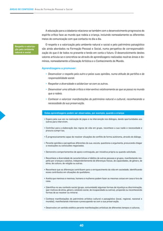 ÁREAS DE CONTEÚDO Área de Formação Pessoal e Social
40
A educação para a cidadania relaciona-se também com o desenvolvimento progressivo do
espírito crítico face ao mundo que rodeia a criança, incluindo nomeadamente os diferentes
meios de comunicação com que contacta no dia a dia.
O respeito e a valorização pelo ambiente natural e social e pelo património paisagístico
são ainda abordados na Formação Pessoal e Social, numa perspetiva de corresponsabili-
zação do que é de todos no presente e tendo em conta o futuro. O desenvolvimento destes
valores articula-se e concretiza-se através de aprendizagens realizadas noutras áreas e do-
mínios, nomeadamente a Educação Artística e o Conhecimento do Mundo.
Aprendizagens a promover:
▪▪ 	Desenvolver o respeito pelo outro e pelas suas opiniões, numa atitude de partilha e de
responsabilidade social.
▪▪ 	Respeitar a diversidade e solidarizar-se com os outros.
▪▪ 	Desenvolver uma atitude crítica e interventiva relativamente ao que se passa no mundo
que a rodeia.
▪▪ 	Conhecer e valorizar manifestações do património natural e cultural, reconhecendo a
necessidade da sua preservação.
Respeito e valoriza-
ção pelo ambiente
natural e social
Estas aprendizagens podem ser observadas, por exemplo, quando a criança:
▪	Espera pela sua vez na realização de jogos e na intervenção nos diálogos, dando oportunidades aos
outros para intervirem.
▪	Contribui para a elaboração das regras de vida em grupo, reconhece a sua razão e necessidade e
procura cumpri-las.
▪	É progressivamente capaz de resolver situações de conflito de forma autónoma, através do diálogo.
▪	Perante opiniões e perspetivas diferentes da sua, escuta, questiona e argumenta, procurando chegar
a resoluções ou conclusões negociadas.
▪	Demonstra comportamentos de apoio e entreajuda, por iniciativa própria ou quando solicitado.
▪	Reconhece a diversidade de características e hábitos de outras pessoas e grupos, manifestando res-
peito por crianças e adultos, independentemente de diferenças físicas, de capacidades, de género, de
etnia, de cultura, de religião ou outras.
▪	Reconhece que as diferenças contribuem para o enriquecimento da vida em sociedade, identificando
esses contributos em situações do quotidiano.
▪	Aceita que meninos e meninas, homens e mulheres podem fazer as mesmas coisas em casa e fora de
casa.
▪	Identifica no seu contexto social (grupo, comunidade) algumas formas de injustiça ou discriminação,
(por motivos de etnia, género, estatuto social, de incapacidade ou outras), propondo ou reconhecendo
formas de as resolver ou minorar.
▪	Conhece manifestações do património artístico cultural e paisagístico (local, regional, nacional e
mundial), manifestando interesse e preocupando-se com a sua preservação.
▪	Desenvolve um sentido estético perante manifestações artísticas de diferentes tempos e culturas.
 
