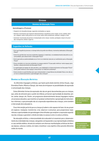 ÁREAS DE CONTEÚDO Área de Expressão e Comunicação
47
Síntese
Domínio da Educação Física
Aprendizagens a Promover
▪	Cooperar em situações de jogo, seguindo orientações ou regras.
▪	Dominar movimentos que implicam deslocamentos e equilíbrios como: trepar, correr, saltitar, desli-
zar, rodopiar, saltar a pés juntos ou num só pé, saltar sobre obstáculos, baloiçar, rastejar e rolar.
▪	Controlar movimentos de perícia e manipulação como: lançar, receber, pontapear, lançar em preci-
são, transportar, driblar e agarrar.
Sugestões de Reflexão:
▪ Com que frequência promove, no tempo letivo do jardim de infância, momentos dedicados à Educação
Física?
▪ Como tira partido dos recursos existentes (espaços e materiais), no estabelecimento educativo ou na
comunidade, para desenvolver a Educação Física?
▪ Como aproveita as potencialidades ao ar livre e os materiais naturais ou reutilizáveis para a Educação
Física?
▪ Como considera os recursos existentes no espaço exterior? O que pode melhorar neste espaço para
facilitar o desenvolvimento da Educação Física?
▪ A organização do espaço da sala permite a sua adaptação ao desenvolvimento da Educação Física?
Como pode melhorar esse espaço e diversificar os materiais existentes?
▪ Como envolve os pais/famílias para que compreendam a importância da atividade física e da vida ao
ar livre no desenvolvimento e aprendizagem das crianças?
Domínio da Educação Artística
As diferentes linguagens artísticas, que fazem parte deste domínio (Artes Visuais, Jogo
Dramático/Teatro, Música e Dança), são meios de enriquecer as possibilidades de expressão
e comunicação das crianças.
Estas diferentes formas de expressão não são em geral desconhecidas para as crianças,
que, antes de entrarem para o jardim de infância, já tiveram oportunidade de desenhar, pin-
tar, cantar, dançar, etc. Porém, um progressivo desenvolvimento dessas linguagens implica
um processo educativo, que incentive um gradual conhecimento e apropriação de instrumen-
tos e técnicas, o que pressupõe não só a expressão espontânea das crianças, como também
a intervenção do/a educador/a.
Essa intervenção parte do que as crianças já sabem e são capazes de fazer, do seu prazer
em explorar, manipular, transformar, criar, observar e comunicar, para proporcionar expe-
riências e oportunidades de aprendizagem diversificadas que ampliam a expressão espontâ-
nea das crianças e garantem o direito de todas no acesso à arte e à cultura artística.
Na educação artística, a intencionalidade do/a educador/a é essencial para o desenvolvi-
mento da criatividade das crianças, alargando e enriquecendo a sua representação simbólica
e o seu sentido estético, através do contacto com diversas manifestações artísticas de diver-
sas épocas, culturas e estilos, de modo a incentivar o seu espírito crítico perante diferentes
visões do mundo.
Apropriação gradual
de instrumentos e
técnicas.
Acesso à arte e à
cultura artística
Desenvolvimento
da criatividade e do
sentido estético
 