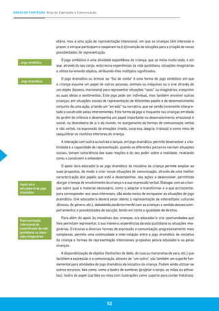 ÁREAS DE CONTEÚDO Área de Expressão e Comunicação
52
etária, mas a uma ação de representação intencional, em que as crianças têm interesse e
prazer, e em que participam e cooperam na (re)invenção de soluções para a criação de novas
possibilidades de representação.
O jogo simbólico é uma atividade espontânea da criança, que se inicia muito cedo, e em
que, através do seu corpo, esta recria experiências da vida quotidiana, situações imaginárias
e utiliza livremente objetos, atribuindo-lhes múltiplos significados.
O jogo dramático ou brincar ao “faz de conta” é uma forma de jogo simbólico em que
a criança assume um papel de outras pessoas, animais ou máquinas ou o vive através de
um objeto (boneco, marioneta) para representar situações “reais” ou imaginárias, e exprimir
as suas ideias e sentimentos. Este jogo pode ser individual, mas também envolver outras
crianças, em situações sociais de representação de diferentes papéis e de desenvolvimento
conjunto de uma ação, criando um “enredo” ou narrativa, que vai sendo livremente interpre-
tado e construído pelos intervenientes. Esta forma de jogo é frequente nas crianças em idade
do jardim de infância e desempenha um papel importante no desenvolvimento emocional e
social, na descoberta de si e do mundo, no alargamento de formas de comunicação verbal
e não verbal, na expressão de emoções (medo, surpresa, alegria, tristeza) e como meio de
reequilibrar os conflitos interiores da criança.
A interação com outra ou outras crianças, em jogo dramático, permite desenvolver a cria-
tividade e a capacidade de representação, quando os diferentes parceiros recriam situações
sociais, tomam consciência das suas reações e do seu poder sobre a realidade, revelando
como a constroem e entendem.
O apoio do/a educador/a ao jogo dramático da iniciativa da criança permite ampliar as
suas propostas, de modo a criar novas situações de comunicação, através de uma melhor
caracterização dos papéis que está a desempenhar, das ações a desenvolver, permitindo
alargar o tempo de envolvimento da criança e a sua expressão verbal. Dialogar com as crian-
ças sobre qual o material necessário, como o adaptar e transformar e o que acrescentar,
para corresponder aos seus interesses, são ainda meios de enriquecer as situações de jogo
dramático. O/A educador/a deverá estar atento à representação de estereótipos culturais
(étnicos, de género, etc.), debatendo posteriormente com as crianças o sentido desses com-
portamentos e possibilidades de solução, tendo em conta a igualdade de direitos.
Para além do apoio às iniciativas das crianças, o/a educador/a cria oportunidades que
lhes permitam representar, à sua maneira, experiências da vida quotidiana ou situações ima-
ginárias. O recurso a diversas formas de expressão e comunicação progressivamente mais
complexas, permite uma continuidade e inter-relação entre o jogo dramático de iniciativa
da criança e formas de representação intencionais propostas pelo/a educador/a ou pelas
crianças.
A disponibilização de objetos (fantoches de dedo, de luva ou marionetas de vara, etc.) que
facilitem a expressão e a comunicação, através de “um outro”, são também um suporte fun-
damental para atividades de jogo dramático da iniciativa da criança. Podem ainda utilizar-se
outros recursos, tais como, como o teatro de sombras (projetar o corpo, as mãos ou silhue-
tas), teatro de papel (cartões ou rolos com ilustrações como suporte para contar histórias),
Jogo simbólico
Jogo dramático
Apoio do/a
educador/a ao jogo
dramático
Representação
intencional de
experiências da vida
quotidiana ou situa-
ções imaginárias
 