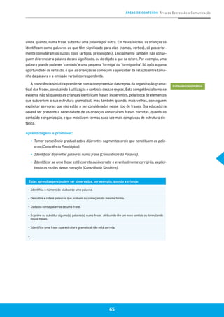 ÁREAS DE CONTEÚDO Área de Expressão e Comunicação
65
ainda, quando, numa frase, substitui uma palavra por outra. Em fases iniciais, as crianças só
identificam como palavras as que têm significado para elas (nomes, verbos), só posterior-
mente consideram os outros tipos (artigos, preposições). Inicialmente também não conse-
guem diferenciar a palavra do seu significado, ou do objeto a que se refere. Por exemplo, uma
palavra grande pode ser ‘comboio’ e uma pequena ‘formiga’ ou ‘formiguinha’. Só após alguma
oportunidade de reflexão, é que as crianças se começam a aperceber da relação entre tama-
nho da palavra e a emissão verbal correspondente.
A consciência sintática prende-se com a compreensão das regras da organização grama-
tical das frases, conduzindo à utilização e controlo dessas regras. Esta competência torna-se
evidente não só quando as crianças identificam frases incoerentes, pela troca de elementos
que subvertem a sua estrutura gramatical, mas também quando, mais velhas, conseguem
explicitar as regras que não estão a ser consideradas nesse tipo de frases. O/a educador/a
deverá ter presente a necessidade de as crianças construírem frases corretas, quanto ao
conteúdo e organização, e que mobilizem formas cada vez mais complexas de estrutura sin-
tática.
Aprendizagens a promover:
▪▪ 	Tomar consciência gradual sobre diferentes segmentos orais que constituem as pala-
vras (Consciência Fonológica).
▪▪ 	Identificar diferentes palavras numa frase (Consciência da Palavra).
▪▪ 	Identificar se uma frase está correta ou incorreta e eventualmente corrigi-la, explici-
tando as razões dessa correção (Consciência Sintática).
Consciência sintática
Estas aprendizagens podem ser observadas, por exemplo, quando a criança:
▪	Identifica o número de sílabas de uma palavra.
▪	Descobre e refere palavras que acabam ou começam da mesma forma.
▪	Isola ou conta palavras de uma frase.
▪	Suprime ou substitui alguma(s) palavra(s) numa frase, atribuindo-lhe um novo sentido ou formulando
novas frases.
▪	Identifica uma frase cuja estrutura gramatical não está correta.
▪	…
 