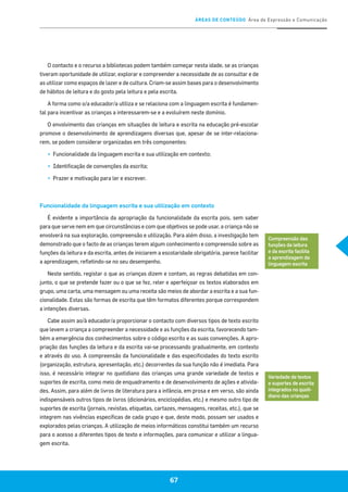ÁREAS DE CONTEÚDO Área de Expressão e Comunicação
67
O contacto e o recurso a bibliotecas podem também começar nesta idade, se as crianças
tiveram oportunidade de utilizar, explorar e compreender a necessidade de as consultar e de
as utilizar como espaços de lazer e de cultura. Criam-se assim bases para o desenvolvimento
de hábitos de leitura e do gosto pela leitura e pela escrita.
A forma como o/a educador/a utiliza e se relaciona com a linguagem escrita é fundamen-
tal para incentivar as crianças a interessarem-se e a evoluírem neste domínio.
O envolvimento das crianças em situações de leitura e escrita na educação pré-escolar
promove o desenvolvimento de aprendizagens diversas que, apesar de se inter-relaciona-
rem, se podem considerar organizadas em três componentes:
▪▪ 	Funcionalidade da linguagem escrita e sua utilização em contexto;
▪▪ 	Identificação de convenções da escrita;
▪▪ 	Prazer e motivação para ler e escrever.
Funcionalidade da linguagem escrita e sua utilização em contexto
É evidente a importância da apropriação da funcionalidade da escrita pois, sem saber
para que serve nem em que circunstâncias e com que objetivos se pode usar, a criança não se
envolverá na sua exploração, compreensão e utilização. Para além disso, a investigação tem
demonstrado que o facto de as crianças terem algum conhecimento e compreensão sobre as
funções da leitura e da escrita, antes de iniciarem a escolaridade obrigatória, parece facilitar
a aprendizagem, refletindo-se no seu desempenho.
Neste sentido, registar o que as crianças dizem e contam, as regras debatidas em con-
junto, o que se pretende fazer ou o que se fez, reler e aperfeiçoar os textos elaborados em
grupo, uma carta, uma mensagem ou uma receita são meios de abordar a escrita e a sua fun-
cionalidade. Estas são formas de escrita que têm formatos diferentes porque correspondem
a intenções diversas.
Cabe assim ao/à educador/a proporcionar o contacto com diversos tipos de texto escrito
que levem a criança a compreender a necessidade e as funções da escrita, favorecendo tam-
bém a emergência dos conhecimentos sobre o código escrito e as suas convenções. A apro-
priação das funções da leitura e da escrita vai-se processando gradualmente, em contexto
e através do uso. A compreensão da funcionalidade e das especificidades do texto escrito
(organização, estrutura, apresentação, etc.) decorrentes da sua função não é imediata. Para
isso, é necessário integrar no quotidiano das crianças uma grande variedade de textos e
suportes de escrita, como meio de enquadramento e de desenvolvimento de ações e ativida-
des. Assim, para além de livros de literatura para a infância, em prosa e em verso, são ainda
indispensáveis outros tipos de livros (dicionários, enciclopédias, etc.) e mesmo outro tipo de
suportes de escrita (jornais, revistas, etiquetas, cartazes, mensagens, receitas, etc.), que se
integrem nas vivências específicas de cada grupo e que, deste modo, possam ser usados e
explorados pelas crianças. A utilização de meios informáticos constitui também um recurso
para o acesso a diferentes tipos de texto e informações, para comunicar e utilizar a lingua-
gem escrita.
Compreensão das
funções da leitura
e da escrita facilita
a aprendizagem da
linguagem escrita
Variedade de textos
e suportes de escrita
integrados no quoti-
diano das crianças
 