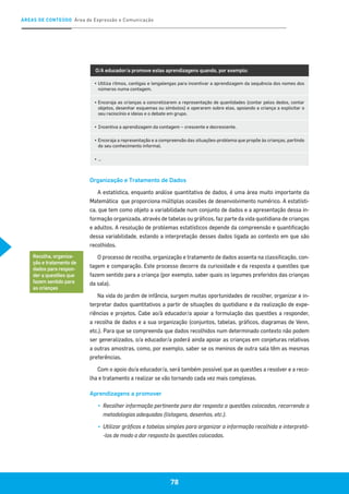 ÁREAS DE CONTEÚDO Área de Expressão e Comunicação
78
O/A educador/a promove estas aprendizagens quando, por exemplo:
▪	Utiliza ritmos, cantigas e lengalengas para incentivar a aprendizagem da sequência dos nomes dos
números numa contagem.
▪	Encoraja as crianças a concretizarem a representação de quantidades (contar pelos dedos, contar
objetos, desenhar esquemas ou símbolos) e operarem sobre elas, apoiando a criança a explicitar o
seu raciocínio e ideias e o debate em grupo.
▪	Incentiva a aprendizagem da contagem – crescente e decrescente.
▪	Encoraja a representação e a compreensão das situações-problema que propõe às crianças, partindo
do seu conhecimento informal.
▪	…
Organização e Tratamento de Dados
A estatística, enquanto análise quantitativa de dados, é uma área muito importante da
Matemática que proporciona múltiplas ocasiões de desenvolvimento numérico. A estatísti-
ca, que tem como objeto a variabilidade num conjunto de dados e a apresentação dessa in-
formação organizada, através de tabelas ou gráficos, faz parte da vida quotidiana de crianças
e adultos. A resolução de problemas estatísticos depende da compreensão e quantificação
dessa variabilidade, estando a interpretação desses dados ligada ao contexto em que são
recolhidos.
O processo de recolha, organização e tratamento de dados assenta na classificação, con-
tagem e comparação. Este processo decorre da curiosidade e da resposta a questões que
fazem sentido para a criança (por exemplo, saber quais os legumes preferidos das crianças
da sala).
Na vida do jardim de infância, surgem muitas oportunidades de recolher, organizar e in-
terpretar dados quantitativos a partir de situações do quotidiano e da realização de expe-
riências e projetos. Cabe ao/à educador/a apoiar a formulação das questões a responder,
a recolha de dados e a sua organização (conjuntos, tabelas, gráficos, diagramas de Venn,
etc.). Para que se compreenda que dados recolhidos num determinado contexto não podem
ser generalizados, o/a educador/a poderá ainda apoiar as crianças em conjeturas relativas
a outras amostras, como, por exemplo, saber se os meninos de outra sala têm as mesmas
preferências.
Com o apoio do/a educador/a, será também possível que as questões a resolver e a reco-
lha e tratamento a realizar se vão tornando cada vez mais complexas.
Aprendizagens a promover
▪▪ 	Recolher informação pertinente para dar resposta a questões colocadas, recorrendo a
metodologias adequadas (listagens, desenhos, etc.).
▪▪ 	Utilizar gráficos e tabelas simples para organizar a informação recolhida e interpretá-
-los de modo a dar resposta às questões colocadas.
Recolha, organiza-
ção e tratamento de
dados para respon-
der a questões que
fazem sentido para
as crianças
 
