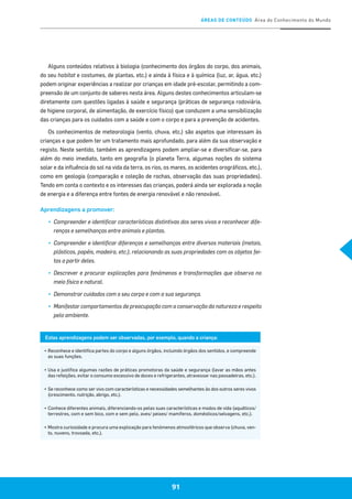 ÁREAS DE CONTEÚDO Área do Conhecimento do Mundo
91
Alguns conteúdos relativos à biologia (conhecimento dos órgãos do corpo, dos animais,
do seu habitat e costumes, de plantas, etc.) e ainda à física e à química (luz, ar, água, etc.)
podem originar experiências a realizar por crianças em idade pré-escolar, permitindo a com-
preensão de um conjunto de saberes nesta área. Alguns destes conhecimentos articulam-se
diretamente com questões ligadas à saúde e segurança (práticas de segurança rodoviária,
de higiene corporal, de alimentação, de exercício físico) que conduzem a uma sensibilização
das crianças para os cuidados com a saúde e com o corpo e para a prevenção de acidentes.
Os conhecimentos de meteorologia (vento, chuva, etc.) são aspetos que interessam às
crianças e que podem ter um tratamento mais aprofundado, para além da sua observação e
registo. Neste sentido, também as aprendizagens podem ampliar-se e diversificar-se, para
além do meio imediato, tanto em geografia (o planeta Terra, algumas noções do sistema
solar e da influência do sol na vida da terra, os rios, os mares, os acidentes orográficos, etc.),
como em geologia (comparação e coleção de rochas, observação das suas propriedades).
Tendo em conta o contexto e os interesses das crianças, poderá ainda ser explorada a noção
de energia e a diferença entre fontes de energia renovável e não renovável.
Aprendizagens a promover:
▪▪ 	Compreender e identificar características distintivas dos seres vivos e reconhecer dife-
renças e semelhanças entre animais e plantas.
▪▪ 	Compreender e identificar diferenças e semelhanças entre diversos materiais (metais,
plásticos, papéis, madeira, etc.), relacionando as suas propriedades com os objetos fei-
tos a partir deles.
▪▪ 	Descrever e procurar explicações para fenómenos e transformações que observa no
meio físico e natural.
▪▪ 	Demonstrar cuidados com o seu corpo e com a sua segurança.
▪▪ 	Manifestar comportamentos de preocupação com a conservação da natureza e respeito
pelo ambiente.
Estas aprendizagens podem ser observadas, por exemplo, quando a criança:
▪	Reconhece e identifica partes do corpo e alguns órgãos, incluindo órgãos dos sentidos, e compreende
as suas funções.
▪	Usa e justifica algumas razões de práticas promotoras da saúde e segurança (lavar as mãos antes
das refeições, evitar o consumo excessivo de doces e refrigerantes, atravessar nas passadeiras, etc.).
▪	Se reconhece como ser vivo com características e necessidades semelhantes às dos outros seres vivos
(crescimento, nutrição, abrigo, etc.).
▪	Conhece diferentes animais, diferenciando-os pelas suas características e modos de vida (aquáticos/
terrestres, com e sem bico, com e sem pelo, aves/ peixes/ mamíferos, domésticos/selvagens, etc.).
▪	 Mostra curiosidade e procura uma explicação para fenómenos atmosféricos que observa (chuva, ven-
to, nuvens, trovoada, etc.).
 