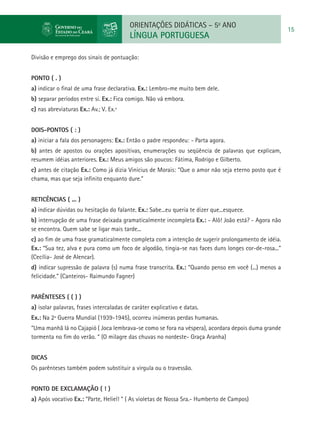 ORIENTAÇÕES DIDÁTICAS – 5o ANO
                                                                                                      15
                                         LÍNGUA PORTUGUESA

Divisão e emprego dos sinais de pontuação:


PONTO ( . )
a) indicar o final de uma frase declarativa. Ex.: Lembro-me muito bem dele.
b) separar períodos entre si. Ex.: Fica comigo. Não vá embora.
c) nas abreviaturas Ex.: Av.; V. Ex.ª


DOIS-PONTOS ( : )
a) iniciar a fala dos personagens: Ex.: Então o padre respondeu: - Parta agora.
b) antes de apostos ou orações apositivas, enumerações ou seqüência de palavras que explicam,
resumem idéias anteriores. Ex.: Meus amigos são poucos: Fátima, Rodrigo e Gilberto.
c) antes de citação Ex.: Como já dizia Vinícius de Morais: “Que o amor não seja eterno posto que é
chama, mas que seja infinito enquanto dure.”


RETICÊNCIAS ( ... )
a) indicar dúvidas ou hesitação do falante. Ex.: Sabe...eu queria te dizer que...esquece.
b) interrupção de uma frase deixada gramaticalmente incompleta Ex.: - Alô! João está? - Agora não
se encontra. Quem sabe se ligar mais tarde...
c) ao fim de uma frase gramaticalmente completa com a intenção de sugerir prolongamento de idéia.
Ex.: “Sua tez, alva e pura como um foco de algodão, tingia-se nas faces duns longes cor-de-rosa...”
(Cecília- José de Alencar).
d) indicar supressão de palavra (s) numa frase transcrita. Ex.: “Quando penso em você (...) menos a
felicidade.” (Canteiros- Raimundo Fagner)


PARÊNTESES ( ( ) )
a) isolar palavras, frases intercaladas de caráter explicativo e datas.
Ex.: Na 2ª Guerra Mundial (1939-1945), ocorreu inúmeras perdas humanas.
“Uma manhã lá no Cajapió ( Joca lembrava-se como se fora na véspera), acordara depois duma grande
tormenta no fim do verão. “ (O milagre das chuvas no nordeste- Graça Aranha)


DICAS
Os parênteses também podem substituir a vírgula ou o travessão.


PONTO DE EXCLAMAÇÃO ( ! )
a) Após vocativo Ex.: “Parte, Heliel! “ ( As violetas de Nossa Sra.- Humberto de Campos)
 