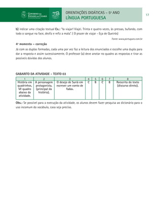 ORIENTAÇÕES DIDÁTICAS – 5o ANO
                                                                                                             17
                                        LÍNGUA PORTUGUESA

b) indicar uma citação textual Ex.: “Ia viajar! Viajei. Trinta e quatro vezes, às pressas, bufando, com
todo o sangue na face, desfiz e refiz a mala”. ( O prazer de viajar - Eça de Queirós)
                                                                               Fonte: www.portugues.com.br
4º momento – correção
Já com as duplas formadas, cada uma por vez faz a leitura dos enunciados e escolhe uma dupla para
dar a resposta e assim sucessivamente. O professor (a) deve anotar no quadro as respostas e tirar as
possíveis dúvidas dos alunos.



GABARITO DA ATIVIDADE - TEXTO 03
       1              2                    3              4     5    6     7                8
 História em   A personagem      O desejo de Suriá em     C     B    C     B       Reescrita do texto
 quadrinhos.   protagonista,     escrever um conto de                              (discurso direto).
  Vê quadro     (principal da            fadas.
  abaixo da       história).
  atividade.

Obs.: Se possível para a execução da atividade, os alunos devem fazer pesquisa ao dicionário para o
uso incomum do vocábulo, caso seja preciso.
 