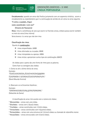 ORIENTAÇÕES DIDÁTICAS – 5o ANO
                                                                                                      19
                                         LÍNGUA PORTUGUESA

   Encadeamento: quando um verso não finaliza juntamente com um segmento sintático, ocorre o
   encadeamento ou enjambement, que é a continuação do sentido de um verso no verso seguinte.      
   “E entra a saudade...Fiquei
   como assombrado e sem voz!”
         (Teixeira de Pascoares)
   Rima: rima é a semelhança de sons que ocorre no final dos versos, embora possa ocorrer também
   no meio do verso (rima interna)     
   Verso branco: é o verso que não tem rima     
    
   Classificação das rimas
    Quanto às combinações:
         	rimas emparelhadas: AABB
         	rimas alternadas ou cruzadas: ABAB
         	rimas interpoladas ou opostas: ABBA
         	rimas mistas: apresentam outros tipos de combinações ABACD


       As sílabas para o poeta são uma forma de ritmo para as palavras.
       Como fazer as contagens das sílabas:
1. Conta-se até a última tônica do verso.
Exemplo:
“ÉS/A/CLA/VE/DO/SOL,/ÉS/A/CHA/VE/DA/SOM/BRA
ÉS/A/POM/BA E O/COR/VO./ÉS/A/CA/PA/NA/FU/FA.”
(David Mourão Ferreira)


2. Observam-se os Encontros Vocálicos:
Exemplo:
“À/MI/NHA/CA/BE/CEI/RA O/CRIS/TO/MO/RRE.”
(Sebastião da Gama)


       A classificação do verso é de acordo com o número de sílabas:
* Monossílabo – versos com uma sílaba.
* Dissílabos – versos com 2 (duas) sílabas.
* Trissílabos – versos constituídos com 3 (três) sílabas.
* Tetrassílabos – versos constituídos com 4 (quatro) sílabas.
* Pentassílabos – versos com uma estrutura de 5 (cinco) sílabas ou chamado de redondilha menor.
* Hexassílabos – versos estruturados com 6 (seis) sílabas.
 