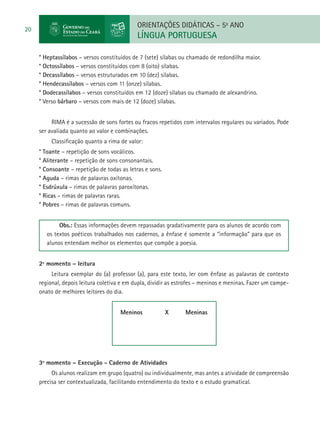 ORIENTAÇÕES DIDÁTICAS – 5o ANO
20
                                             LÍNGUA PORTUGUESA

     * Heptassílabos – versos constituídos de 7 (sete) sílabas ou chamado de redondilha maior.
     * Octossílabos – versos constituídos com 8 (oito) sílabas.
     * Decassílabos – versos estruturados em 10 (dez) sílabas.
     * Hendecassílabos – versos com 11 (onze) sílabas.
     * Dodecassílabos – versos constituídos em 12 (doze) sílabas ou chamado de alexandrino.
     * Verso bárbaro – versos com mais de 12 (doze) sílabas.


          Rima é a sucessão de sons fortes ou fracos repetidos com intervalos regulares ou variados. Pode
     ser avaliada quanto ao valor e combinações.
          Classificação quanto a rima de valor:
     * Toante – repetição de sons vocálicos.
     * Aliterante – repetição de sons consonantais.
     * Consoante – repetição de todas as letras e sons.
     * Aguda – rimas de palavras oxítonas.
     * Esdrúxula – rimas de palavras paroxítonas.
     * Ricas – rimas de palavras raras.
     * Pobres – rimas de palavras comuns.


              Obs.: Essas informações devem repassadas gradativamente para os alunos de acordo com
         os textos poéticos trabalhados nos cadernos, a ênfase é somente a “informação” para que os
         alunos entendam melhor os elementos que compõe a poesia.


     2º momento – leitura
          Leitura exemplar do (a) professor (a), para este texto, ler com ênfase as palavras de contexto
     regional, depois leitura coletiva e em dupla, dividir as estrofes – meninos e meninas. Fazer um campe-
     onato de melhores leitores do dia.
     	
                                      Meninos             X     Meninas




     3º momento – Execução - Caderno de Atividades
          Os alunos realizam em grupo (quatro) ou individualmente, mas antes a atividade de compreensão
     precisa ser contextualizada, facilitando entendimento do texto e o estudo gramatical.
 