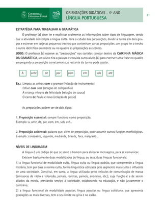 ORIENTAÇÕES DIDÁTICAS – 5o ANO
                                                                                                          21
                                        LÍNGUA PORTUGUESA

Estratégia para trabalhar a gramática
     O professor (a) deve ler e explicitar oralmente as informações sobre tipos de linguagem, sendo
que a atividade contempla a língua culta. Para o estudo das preposições, dividir a turma em dois gru-
pos e escrever em tarjetas pequenos trechos que contenham várias preposições: um grupo ler o trecho
o outro identifica oralmente ou no quadro as preposições existentes.
JOGO: O professor (a) escreve as “preposições” nas cartelas colocar dentro da CAIXINHA MÁGICA
DA GRAMÁTICA, um aluno tira a palavra e convida outro aluno (a) para escrever uma frase no quadro
empregando a preposição corretamente, o restante da turma pode ajudar.


    A	      ante       de	      por 	     com	        em 	       sob	     até


Ex.: Limpou as unhas com o grampo (relação de instrumento)
        Estive com José (relação de companhia)
        A criança vibrava de felicidade (relação de causa)
        O carro de Paulo é novo (relação de posse)


     As preposições podem ser de dois tipos:


1. Preposição essencial: sempre funciona como preposição.
Exemplo: a, ante, de, por, com, em, sob, até...


2. Preposição acidental: palavra que, além de preposição, pode assumir outras funções morfológicas.
Exemplo: consoante, segundo, mediante, tirante, fora, malgrado...


NÍVEIS DE LINGUAGEM
     A língua é um código de que se serve o homem para elaborar mensagens, para se comunicar.
     Existem basicamente duas modalidades de língua, ou seja, duas línguas funcionais:
1) a língua funcional de modalidade culta, língua culta ou língua-padrão, que compreende a língua
literária, tem por base a norma culta, forma linguística utilizada pelo segmento mais culto e influente
de uma sociedade. Constitui, em suma, a língua utilizada pelos veículos de comunicação de massa
(emissoras de rádio e televisão, jornais, revistas, paineis, anúncios, etc.), cuja função é a de serem
aliados da escola, prestando serviço à sociedade, colaborando na educação, e não justamente o
contrário;
2) a língua funcional de modalidade popular; língua popular ou língua cotidiana, que apresenta
gradações as mais diversas, tem o seu limite na gíria e no calão.
 