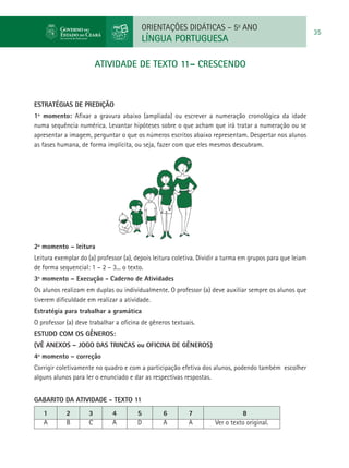 ORIENTAÇÕES DIDÁTICAS – 5o ANO
                                                                                                           35
                                         LÍNGUA PORTUGUESA

                        atividade de TEXTO 11– CRESCENDO



ESTRATÉGIAS DE PREDIÇÃO
1º momento: Afixar a gravura abaixo (ampliada) ou escrever a numeração cronológica da idade
numa sequência numérica. Levantar hipóteses sobre o que acham que irá tratar a numeração ou se
apresentar a imagem, perguntar o que os números escritos abaixo representam. Despertar nos alunos
as fases humana, de forma implícita, ou seja, fazer com que eles mesmos descubram.




2º momento – leitura
Leitura exemplar do (a) professor (a), depois leitura coletiva. Dividir a turma em grupos para que leiam
de forma sequencial: 1 – 2 – 3... o texto.
3º momento – Execução - Caderno de Atividades
Os alunos realizam em duplas ou individualmente. O professor (a) deve auxiliar sempre os alunos que
tiverem dificuldade em realizar a atividade.
Estratégia para trabalhar a gramática
O professor (a) deve trabalhar a oficina de gêneros textuais.
Estudo com os gêneros:
(VÊ ANEXOS – JOGO DAS TRINCAS ou OFICINA DE GÊNEROS)
4º momento – correção
Corrigir coletivamente no quadro e com a participação efetiva dos alunos, podendo também escolher
alguns alunos para ler o enunciado e dar as respectivas respostas.


GABARITO DA ATIVIDADE - TEXTO 11
   1        2       3        4         5         6         7                   8
   A        B       C        A         D         A         A         Ver o texto original.
 