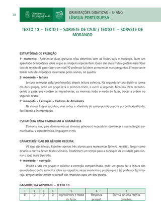 ORIENTAÇÕES DIDÁTICAS – 5o ANO
38
                                            LÍNGUA PORTUGUESA

      TEXTO 13 – Texto I – SORVETE DE CAJU / Texto II – SORVETE DE
                               MORANGO



     ESTRATÉGIAS DE PREDIÇÃO
     1º momento: Apresentar duas gravuras e/ou desenhos com as frutas caju e morango, fazer um
     apanhado de hipóteses sobre o que as imagens representam. Quais das duas frutas gostam mais? Que
     tipo de receita dá para fazer com elas? O professor (a) deve acrescentar mais perguntas. É importante
     tomar nota das hipóteses levantadas pelos alunos, no quadro.
     2º momento – leitura
         Leitura exemplar do(a) professor(a), depois leitura coletiva. Na segunda leitura dividir a turma
     em dois grupos, onde um grupo lerá o primeiro texto, o outro o segundo. Meninos lêem reconhe-
     cendo a parte que contém os ingredientes, as meninas lerão o modo de fazer, trocar a ordem no
     segundo texto.
     3º momento – Execução - Caderno de Atividades
           Os alunos fazem sozinhos, mas antes a atividade de compreensão precisa ser contextualizada,
     facilitando a interpretação.


     Estratégia para trabalhar a gramática
         Comente que, para dominarmos os diversos gêneros é necessário reconhecer a sua intenção co-
     municativa, a característica, linguagem e etc.


     CARACTERÍSTICAD DO GÊNERO RECEITA:
          Vê jogo das trincas. Escolher apenas três alunos para representar (gênero: receita), lançar como
     desafio a escrita de um texto culinário. Estabelecer um tempo para a execução da atividade para tor-
     nar o jogo mais divertido.
     4º momento – correção
           Dividir a sala em grupos e solicitar a correção compartilhada, onde um grupo faz a leitura dos
     enunciados e outro comenta sobre as respostas, nesse momento e preciso que o (a) professor (a) inte-
     raja, perguntando sempre o porquê das respostas para um dos grupos.


     GABARITO DA ATIVIDADE - TEXTO 13
        1       2      3      4               5                  6                        7
        C       C      D      D     Ingredientes e modo       Resposta         Escrita de uma receita
                                          de fazer.           pessoal.                culinária.
 