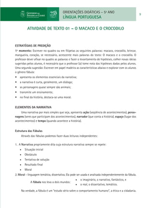 ORIENTAÇÕES DIDÁTICAS – 5o ANO
                                                                                                           9
                                         LÍNGUA PORTUGUESA

           ATIVIDADE de TEXTO 01 – O MACACO E O CROCODILO


ESTRATÉGIAS DE PREDIÇÃO
1º momento: Escrever no quadro ou em filipetas as seguintes palavras: macaco, crocodilo, brincar,
mangueira, coração, se necessário, acrescente mais palavras do texto: O macaco e o crocodilo. O
professor dever afixar no quadro as palavras e fazer o levantamento de hipóteses, colher novas ideias
sugeridas pelos alunos, é necessário que o professor (a) tome nota das hipóteses dadas pelos alunos.
Uma segunda sugestão: Escrever em papel madeira as características abaixo e explorar com os alunos
o gênero fábula:
•	 apresenta os elementos essenciais da narrativa;
•	 a narrativa é curta, geralmente, um diálogo;
•	 as personagens quase sempre são animais;
•	 transmite um ensinamento;
•	 no final da história, destaca-se uma moral.


Elementos da Narrativa
    Uma narrativa por mais simples que seja, apresenta ação (seqüência de acontecimentos), perso-
nagens (seres que participam dos acontecimentos), narrador (que conta a história), espaço (lugar dos
acontecimentos) e tempo (quando acontece a história).


Estrutura das Fábulas
     Através das fábulas podemos fazer duas leituras independentes:

1.  A Narrativa propriamente dita cuja estrutura narrativa sempre se repete:
    •	   Situação inicial
    •	   Obstáculo
    •	   Tentativa de solução
    •	   Resultado final
    •	   Moral
2. Moral - linguagem temática, dissertativa. Ela pode ser usada e analisada independentemente da fábula.
                                                   •	   o imaginário, o narrativo, fantástico, e
              A fábula nos leva a dois mundos:
                                                   •	   o real, o dissertativo, temático.

     Na verdade, a fábula é um “estudo sério sobre o comportamento humano”, a ética e a cidadania.
 