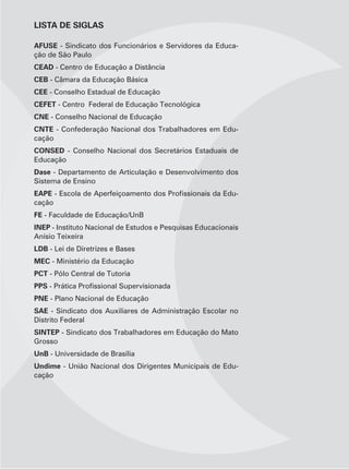 LISTA DE SIGLAS

AFUSE - Sindicato dos Funcionários e Servidores da Educa-
ção de São Paulo
CEAD - Centro de Educação a Distância
CEB - Câmara da Educação Básica
CEE - Conselho Estadual de Educação
CEFET - Centro Federal de Educação Tecnológica
CNE - Conselho Nacional de Educação
CNTE - Confederação Nacional dos Trabalhadores em Edu-
cação
CONSED - Conselho Nacional dos Secretários Estaduais de
Educação
Dase - Departamento de Articulação e Desenvolvimento dos
Sistema de Ensino
EAPE                                                        -
cação
FE - Faculdade de Educação/UnB
INEP - Instituto Nacional de Estudos e Pesquisas Educacionais
Anísio Teixeira
LDB - Lei de Diretrizes e Bases                                 9
MEC - Ministério da Educação
PCT - Pólo Central de Tutoria
PPS
PNE - Plano Nacional de Educação
SAE - Sindicato dos Auxiliares de Administração Escolar no
Distrito Federal
SINTEP - Sindicato dos Trabalhadores em Educação do Mato
Grosso
UnB - Universidade de Brasília
                                                                UNIDADE 1 – Orientações Contextuais




Undime - União Nacional dos Dirigentes Municipais de Edu-
cação
 