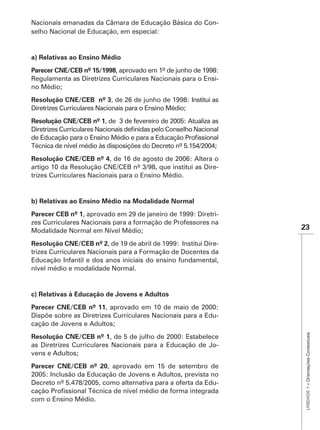 Nacionais emanadas da Câmara de Educação Básica do Con-
selho Nacional de Educação, em especial:


a) Relativas ao Ensino Médio
Parecer CNE/CEB nº 15/1998, aprovado em 1º de junho de 1998:
Regulamenta as Diretrizes Curriculares Nacionais para o Ensi-
no Médio;
Resolução CNE/CEB nº 3, de 26 de junho de 1998: Institui as
Diretrizes Curriculares Nacionais para o Ensino Médio;
Resolução CNE/CEB nº 1


Técnica de nível médio às disposições do Decreto nº 5.154/2004;
Resolução CNE/CEB nº 4, de 16 de agosto de 2006: Altera o
                                                        -
trizes Curriculares Nacionais para o Ensino Médio.


b) Relativas ao Ensino Médio na Modalidade Normal
Parecer CEB nº 1, aprovado em 29 de janeiro de 1999: Diretri-
zes Curriculares Nacionais para a formação de Professores na
Modalidade Normal em Nível Médio;                                 23

Resolução CNE/CEB nº 2, de 19 de abril de 1999: Institui Dire-
trizes Curriculares Nacionais para a Formação de Docentes da
Educação Infantil e dos anos iniciais do ensino fundamental,
nível médio e modalidade Normal.


c) Relativas à Educação de Jovens e Adultos
Parecer CNE/CEB nº 11, aprovado em 10 de maio de 2000:
Dispõe sobre as Diretrizes Curriculares Nacionais para a Edu-
cação de Jovens e Adultos;
                                                                   UNIDADE 1 – Orientações Contextuais




Resolução CNE/CEB nº 1, de 5 de julho de 2000: Estabelece
as Diretrizes Curriculares Nacionais para a Educação de Jo-
vens e Adultos;
Parecer CNE/CEB nº 20, aprovado em 15 de setembro de
2005: Inclusão da Educação de Jovens e Adultos, prevista no
Decreto nº 5.478/2005, como alternativa para a oferta da Edu-

com o Ensino Médio.
 