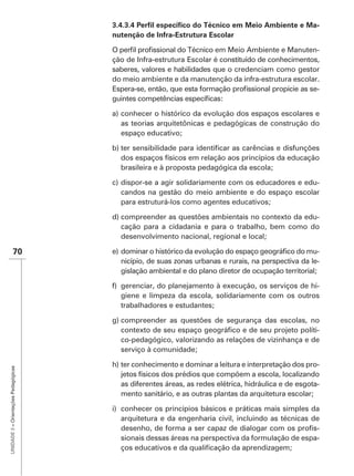 -
                                      nutenção de Infra-Estrutura Escolar

                                                                     em Meio Ambiente e Manuten-
                                      ção de Infra-estrutura Escolar é constituído de conhecimentos,
                                      saberes, valores e habilidades que o credenciam como gestor
                                      do meio ambiente e da manutenção da infra-estrutura escolar.
                                                                                                   -


                                      a) conhecer o histórico da evolução dos espaços escolares e
                                         as teorias arquitetônicas e pedagógicas de construção do
                                         espaço educativo;


                                        dos espaços físicos em relação aos princípios da educação
                                        brasileira e à proposta pedagógica da escola;

                                      c) dispor-se a agir solidariamente com os educadores e edu-
                                         candos na gestão do meio ambiente e do espaço escolar
                                         para estruturá-los como agentes educativos;

                                      d) compreender as questões ambientais no contexto da edu-
                                         cação para a cidadania e para o trabalho, bem como do
                                         desenvolvimento nacional, regional e local;

               70                                                                                     -
                                        nicípio, de suas zonas urbanas e rurais, na perspectiva da le-
                                        gislação ambiental e do plano diretor de ocupação territorial;

                                      f) gerenciar, do planejamento à execução, os serviços de hi-
                                         giene e limpeza da escola, solidariamente com os outros
                                         trabalhadores e estudantes;

                                      g) compreender as questões de segurança das escolas, no
                                                                                                 -
                                         co-pedagógico, valorizando as relações de vizinhança e de
                                         serviço à comunidade;

                                      h) ter conhecimento e dominar a leitura e interpretação dos pro-
UNIDADE 3 – Orientações Pedagógicas




                                         jetos físicos dos prédios que compõem a escola, localizando
                                         as diferentes áreas, as redes elétrica, hidráulica e de esgota-
                                         mento sanitário, e as outras plantas da arquitetura escolar;

                                      i) conhecer os princípios básicos e práticas mais simples da
                                         arquitetura e da engenharia civil, incluindo as técnicas de
                                                                                                   -
                                         sionais dessas áreas na perspectiva da formulação de espa-
 