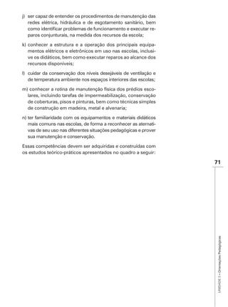 j) ser capaz de entender os procedimentos de manutenção das
   redes elétrica, hidráulica e de esgotamento sanitário, bem
                                                             -
   paros conjunturais, na medida dos recursos da escola;

k) conhecer a estrutura e a operação dos principais equipa-
   mentos elétricos e eletrônicos em uso nas escolas, inclusi-
   ve os didáticos, bem como executar reparos ao alcance dos
   recursos disponíveis;

l) cuidar da conservação dos níveis desejáveis de ventilação e
   de temperatura ambiente nos espaços interiores das escolas;

m) conhecer a rotina de manutenção física dos prédios esco-
  lares, incluindo tarefas de impermeabilização, conservação
  de coberturas, pisos e pinturas, bem como técnicas simples
  de construção em madeira, metal e alvenaria;

n) ter familiaridade com os equipamentos e materiais didáticos
   mais comuns nas escolas, de forma a reconhecer as aternati-
   vas de seu uso nas diferentes situações pedagógicas e prover
   sua manutenção e conservação.

Essas competências devem ser adquiridas e construídas com
os estudos teórico-práticos apresentados no quadro a seguir:

                                                                  71




                                                                   UNIDADE 3 – Orientações Pedagógicas
 
