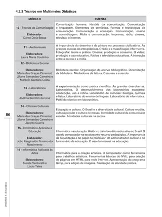 4.2.3 Técnico em Multimeios Didáticos

                                   MÓDULO                                            EMENTA


                        10 - Teorias da Comunicação e linguagem. Elementos de semiótica. Formas e tecnologias de
                                                    comunicação. Comunicação e educação. Comunicação, ensino
                                Elaborador:         e aprendizagem. Mídia e comunicação: imprensa, rádio, cinema,
                              Dante Diniz Bessa     televisão e internet.

                                                       A importância do desenho e da pintura no processo civilizatório. As
                             11 - Audiovisuais

                               Elaboradora:
                                                       produção e uso educativo. Rádios e televisões educativas. A interação
                           Laura Maria Coutinho
                                                       entre a escola e a mídia
                           12 - Biblioteca Escolar

                                Elaboradores:
                        Maria das Graças Pimentel,     da biblioteca. Mediadores da leitura. O museu e a escola.
                        Liliane Bernardes Carneiro e
                            Marcelo Santana Costa

                             13 - Laboratórios
                                                       Laboratórios. O desenvolvimento dos laboratórios escolares:
                                                       concepção, uso e rotina. Laboratório de Ciências: biologia, química
                                  Elaboradora:
                                                       e física. Laboratório do ensino de línguas. Laboratório de informática.


                           14 -
                                                       Educação e cultura. O Brasil e a diversidade cultural. Cultura erudita,
                                Elaboradores:          cultura popular e cultura de massa. Identidade cultural da comunidade
         86             Maria das Graças Pimentel,     escolar. Atividades culturais na escola.
                        Liliane Bernardes Carneiro e
                                Jacinto Guerra
                         15 - Informática Aplicada à
                                  Educação
                                                       uso do computador na escola como recurso pedagógico. A importância
                               Elaborador:             da capacitação e do papel do professor, do administrador escolar e do
                        João Kerginaldo Firmino do     funcionário da educação. O uso da internet na educação.
                               Nascimento
                        16 - Informática Aplicada às
                                   Artes               Informática para a criação artística. O computador como ferramenta
                                                       para trabalhos artísticos. Ferramentas básicas do NVU, para criação
                               Elaboradores:
                             Suzete Venturelli e       Gimp, para edição de imagens. Realização de atividade prática.
                                Lúcio Teles
UNIDADE 4 – Ementário
 