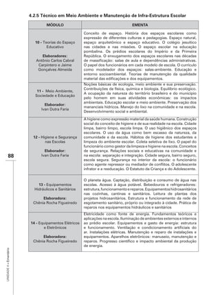 4.2.5 Técnico em Meio Ambiente e Manutenção de Infra-Estrutura Escolar

                                   MÓDULO                                         EMENTA


                                                      expressão de diferentes culturas e pedagogias. Espaço natural,
                          10 - Teorias do Espaço      espaço arquitetônico e espaço educativo. O colégio jesuítico
                                 Educativo            nas cidades e nas missões. O espaço escolar na educação
                                                      pombalina. Os prédios escolares do Império e da Primeira
                              Elaboradores:           República. O enxugamento dos espaços escolares nas décadas
                           Antônio Carlos Cabral
                            Carpintero e Jaime        O papel dos funcionários em cada modelo de escola. O currículo
                            Gonçalves Almeida         como modelador dos espaços: salas-ambiente. Educação e
                                                      entorno socioambiental. Teorias de manutenção da qualidade

                                                      Noções básicas de ecologia, meio ambiente e sua preservação.
                                                      Contribuições da física, química e biologia. Equilíbrio ecológico.
                           11 - Meio Ambiente,
                                                      A ocupação da natureza do território brasileiro e do município
                          Sociedade e Educação
                                                      pelo homem em suas atividades econômicas: os impactos
                                                      ambientais. Educação escolar e meio ambiente. Preservação dos
                                  Elaborador:
                                                      mananciais hídricos. Manejo do lixo na comunidade e na escola.
                                Ivan Dutra Faria
                                                      Desenvolvimento social e ambiental.

                                                      A higiene como expressão material da saúde humana. Construção
                                                      social do conceito de higiene e de sua realidade na escola. Cidade
                                                      limpa, bairro limpo, escola limpa. O uso higiênico dos espaços
                                                      escolares. O uso da água como bem escasso da natureza, da
                         12 -
                                  nas Escolas         limpeza do ambiente escolar. Coleta seletiva de lixo. O papel do
                                                      funcionário como gestor da limpeza e higiene na escola. Conceitos
                                  Elaborador:         de segurança. Relações sociais e educativas na comunidade e
         88                     Ivan Dutra Faria      na escola: separação e integração. Cidade segura, bairro seguro,
                                                      escola segura. Segurança no interior da escola: o funcionário

                                                      infrator e a reeducação. O Estatuto da Criança e do Adolescente.

                                                      O planeta água. Captação, distribuição e consumo de água nas
                            13 - Equipamentos         escolas. Acesso à água potável. Bebedouros e refrigeradores:
                                                      estrutura, funcionamento e reparos. Equipamentos hidrosanitários
                                                      nas cozinhas, cantinas e sanitários. Leitura de plantas dos
                              Elaboradora:            projetos hidrosanitários. Estrutura e funcionamento da rede de
                         Chênia Rocha Figueiredo      esgotamento sanitário, próprio ou integrado à cidade. Prática de
                                                      reparos nos equipamentos hidráulicos e sanitários
                                                      Eletricidade como fonte de energia. Fundamentos teóricos e
                                                      aplicações na escola. Iluminação de ambientes externos e internos
                        14 - Equipamentos Elétricos   ao prédio escolar. Equipamentos e gasto de energia: estrutura
                               e Eletrônicos
                                                      ar. Instalações elétricas. Manutenção e reparo de instalações e
                              Elaboradora:            equipamentos. Aparelhos eletrônicos: manuseio, manutenção e
                         Chênia Rocha Figueiredo
                                                      de energia.
UNIDADE 4 – Ementário
 