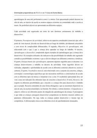 Orientações programáticas da Música no 1º Ciclo do Ensino Básico
__________________________________________________________________________________
15
aprendizagem de uma arte performativa como é a música. Esta apresentação poderá decorrer na
sala de aula, no interior da escola ou noutros espaços existentes na comunidade onde a escola se
insere. De preferência deverá ser apresentado em diferentes espaços.
Cada actividade está organizada em torno de sete domínios estruturantes do trabalho a
desenvolver.
O primeiro, Pressupostos da actividade, refere-se aos aspectos considerados essenciais que, sob o
ponto de vista musical, deverão ser desenvolvidos ao longo do trabalho, devidamente articulados
e com níveis de complexidade diferenciados. O segundo, Objectivos de aprendizagem, está
relacionado com o que é que a criança deve aprender ao longo do trabalho. O terceiro,
Aprendizagens a desenvolver, compreende alguns exemplos de aprendizagens que a criança deve
desenvolver. Os exemplos utilizados são indicativos das possibilidades de trabalho não esgotando
contudo as possibilidades existentes e que se devem adequar aos diferentes contextos e temáticas.
O quarto, Enriquecimento das aprendizagens, apresenta algumas sugestões para os docentes e as
crianças desenvolverem o trabalho no decurso da actividade. Estas sugestões devem ser
realizadas, adaptadas e aprofundadas de acordo com os diferentes contextos educativos, sociais e
culturais. O quinto, Vocabulário musical, está relacionado com o conjunto de conceitos, códigos,
convenções e terminologias específicas que são necessárias mobilizar e contextualizar de acordo
com os diferentes tipos de música a interpretar e/ou a criar. O vocabulário apresentado deve ser
visto como um indicador dos diferentes tipos de conceitos a desenvolver. O sexto, Recursos, diz
respeito às diferentes possibilidades que o docente e a criança têm para desenvolver o trabalho
que se propõe. Recursos entendidos de uma forma abrangente e que se encontram disponíveis na
sala de aula, na escola/comunidade e na Internet. Por último, o sétimo domínio - Competências a
adquirir, refere-se aos diferentes pontos de chegada das aprendizagens da criança. O pressuposto
é que todas as crianças conseguem desenvolver competências no domínio musical, embora em
patamares diferenciados. Ou seja, todas as crianças podem desenvolver o mesmo tipo de
competência. A diferenciação situa-se nos diferentes níveis de aprofundamento alcançados.
 
