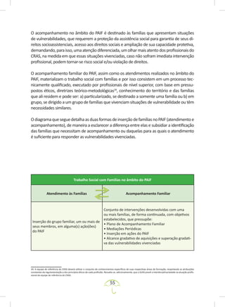 55
O acompanhamento no âmbito do PAIF é destinado às famílias que apresentam situações
de vulnerabilidades, que requerem a proteção da assistência social para garantia de seus di-
reitos socioassistenciais, acesso aos direitos sociais e ampliação de sua capacidade protetiva,
demandando,paraisso,umaatençãodiferenciada,umolharmaisatentodosprofissionaisdo
CRAS, na medida em que essas situações vivenciadas, caso não sofram imediata intervenção
profissional, podem tornar-se risco social e/ou violação de direitos.
O acompanhamento familiar do PAIF, assim como os atendimentos realizados no âmbito do
PAIF, materializam o trabalho social com famílias e por isso consistem em um processo tec-
nicamente qualificado, executado por profissionais de nível superior, com base em pressu-
postos éticos, diretrizes teórico-metodológicas34
, conhecimento do território e das famílias
que ali residem e pode ser: a) particularizado, se destinado a somente uma família ou b) em
grupo, se dirigido a um grupo de famílias que vivenciam situações de vulnerabilidade ou têm
necessidades similares.
OdiagramaqueseguedetalhaasduasformasdeinserçãodefamíliasnoPAIF(atendimentoe
acompanhamento), de maneira a esclarecer a diferença entre elas e subsidiar a identificação
das famílias que necessitam de acompanhamento ou daquelas para as quais o atendimento
é suficiente para responder as vulnerabilidades vivenciadas.
Trabalho Social com Famílias no âmbito do PAIF
Atendimento às Famílias Acompanhamento Familiar
Inserção do grupo familiar, um ou mais de
seus membros, em alguma(s) ação(ões)
do PAIF
Conjunto de intervenções desenvolvidas com uma
ou mais famílias, de forma continuada, com objetivos
estabelecidos, que pressupõe:
• Plano de Acompanhamento Familiar
• Mediações Periódicas
• Inserção em ações do PAIF
• Alcance gradativo de aquisições e superação gradati-
va das vulnerabilidades vivenciadas
34. A equipe de referência do CRAS deverá utilizar o conjunto de conhecimentos específicos de suas respectivas áreas de formação, respeitando as atribuições
constantes da regulamentação e dos princípios éticos de cada profissão. Ressalta-se, adicionalmente, que o SUAS prevê a interdisciplinariedade na atuação profis-
sional da equipe de referência do CRAS.
 