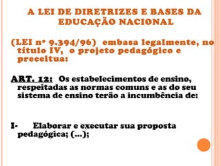 A LEI DE DIRETRIZES E BASES DA
EDUCAÇÃO NACIONAL
(LEI nº 9.394/96) embasa legalmente, no
título IV, o projeto pedagógico e
preceitua:
ART. 12: Os estabelecimentos de ensino,
respeitadas as normas comuns e as do seu
sistema de ensino terão a incumbência de:
I- Elaborar e executar sua proposta
pedagógica; (...);
 