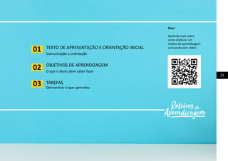 21
TEXTO DE APRESENTAÇÃO E ORIENTAÇÃO INICIAL
Comunicação e orientação
OBJETIVOS DE APRENDIZAGEM
O que o aluno deve saber fazer
TAREFAS
Demonstrar o que aprendeu
01
02
03
Dica!
Aprenda mais sobre
como elaborar um
roteiro de aprendizagem
acessando este vídeo:
 