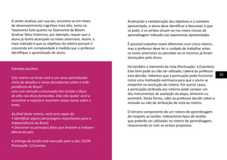 33
O verbo analisar, por sua vez, encontra-se em níveis
de desenvolvimento cognitivo mais alto, tanto na
Taxonomia Solo quanto na Taxonomia de Bloom.
Analisar fatos históricos, por exemplo, requer que o
aluno já tenha alcançado os níveis anteriores. Assim, o
mais indicado é que os objetivos do roteiro possam ir
crescendo em complexidade à medida que o professor
identifique o aprendizado do aluno.
Exemplo positivo:
Este roteiro vai levar você a um novo aprendizado
cheio de desafios e novas descobertas sobre a Inde-
pendência do Brasil!
Leia com atenção o enunciado das tarefas e fique
de olho nas dicas fornecidas. Elas vão ajudar você a
encontrar a reposta e mostram coisas novas sobre o
tema.
Ao final deste roteiro, você será capaz de:
• Identificar alguns personagens importantes para a
Independência do Brasil;
• Descrever os principais fatos que levaram a Indepen-
dência do país.
A entrega da tarefa está marcada para o dia: 25/09
Pontuação: 5,0 pontos.
Analisando a reelaboração dos objetivos e o contexto
apresentado, o aluno deve identificar e descrever o que
se pede, e os verbos situam-se nos níveis iniciais de
aprendizagem indicado nas taxonomias apresentadas.
É possível trabalhar níveis diferentes num único roteiro,
mas o professor deve ter o cuidado de trabalhar antes
os níveis anteriores ou perceber se os mesmos já foram
alcançados pelo aluno.
Há também o elemento da nota (Pontuação: 5,0 pontos).
Este item pode ou não ser utilizado, caberá ao professor
esta decisão. Sabemos que a pontuação pode funcionar
como uma motivação extrínseca para que o aluno se
empenhe na resolução do roteiro. Em outros casos,
a pontuação atribuída aos roteiros pode compor um
dos instrumentos de avaliação da etapa, bimestre ou
semestre. Desta forma, cabe ao professor decidir sobre a
inclusão ou não de atribuição de nota ao roteiro.
O terceiro componente de um roteiro de aprendizagem
diz respeito as tarefas. Indicaremos tipos de tarefas
que poderão ser utilizadas no roteiro de aprendizagem,
relacionando-os com os verbos propostos.
 