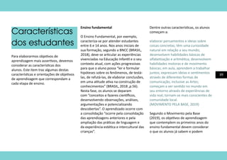 39
Ensino fundamental
O Ensino Fundamental, por exemplo,
caracteriza-se por atender estudantes
entre 6 e 14 anos. Nos anos iniciais de
sua formação, segundo a BNCC (BRASIL,
2018), deve-se articular as experiências
vivenciadas na Educação Infantil e o seu
contexto atual, com ações progressivas
para que o aluno possa “ler e formular
hipóteses sobre os fenômenos, de testá-
las, de refutá-las, de elaborar conclusões,
em uma atitude ativa na construção de
conhecimentos” (BRASIL, 2018 ,p.56).
Nesta fase, os alunos se deparam
com “conceitos e fazeres científicos,
desenvolvendo observações, análises,
argumentações e potencializando
descobertas”. O aprendizado ocorre com
a consolidação “ocorre pela consolidação
das aprendizagens anteriores e pela
ampliação das práticas de linguagem e
da experiência estética e intercultural das
crianças”.
Dentre outras características, os alunos
começam a:
elaborar pensamentos e ideias sobre
coisas concretas; têm uma curiosidade
natural em relação a seu mundo;
desenvolvem habilidades básicas de
alfabetização e aritmética; desenvolvem
habilidades motoras e de movimento
básicas; em aula, aprendem a trabalhar
juntos; expressam ideias e sentimentos
através de diferentes formas de
comunicação, inclusive as Artes;
começam a ver sentido no mundo em
seu entorno através de experiências de
vida real; tornam-se mais conscientes de
comunidade local.
(MOVIMENTO PELA BASE, 2019)
Segundo o Movimento pela Base
(2019), os objetivos de aprendizagem
que contemplem os primeiros anos do
ensino fundamental devem considerar
o que os alunos já sabem e podem
Características
dos estudantes
Para elaborarmos objetivos de
aprendizagem mais assertivos, devemos
considerar as características dos
alunos. Este item traz algumas destas
características e orientações de objetivos
de aprendizagem que correspondam a
cada etapa de ensino.
 