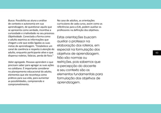 43
Busca. Possibilita ao aluno a análise
de contexto e autonomia em sua
aprendizagem, de questionar aquilo que
se apresenta como verdade, incentiva a
curiosidade e criatividade no seu processo.
Objetividade. Conectada a forma como
o adulto examina as informações que
chegam a ele que estão ligadas as suas
metas de aprendizagem. “Estabelece um
canal de coerência e respeito à atenção do
adulto, enquanto participante ativo e que
dispensa rodeios, falácias, perda de foco.”
Valor agregado. Pessoas aprendem o que
precisam saber para agregar as suas ações
no cotidiano. É importante considerar
no planejamento educacional do adulto,
elementos que ele reconheça como
práticos para sua vida, para aumentar
as possibilidades, compreensão e
comprometimento.
No caso de adultos, as orientações
curriculares de cada curso, assim como as
referências para a EJA, podem auxiliar os
professores na definição dos objetivos.
Estas orientações buscam
auxiliar o professor na
elaboração dos roteiros, em
especial na formulação dos
objetivos de aprendizagem.
Não são normas ou
restrições, pois sabemos que
a percepção do docente
e seu contexto são os
elementos fundamentais para
formulação dos objetivos de
aprendizagem.
 