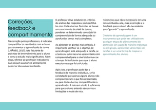 Correções,
feedback e
compartilhamento
Na correção pelos professores, é indicado
compartilhar os resultados com a classe
para aumentar o aprendizado da turma
(LIBÂNEO, 2017). Isto faz parte do
processo de entendimento para o aluno
e torna o estudo mais significativo. Além
disso, oferece ao professor indicadores
que possam auxiliar no alinhamento
posterior das aulas e conteúdo.
O professor deve estabelecer critérios
de análise das respostas e compartilhá-
los com toda a turma. Perceber se houve
um crescimento do nível da turma,
ponderar se determinado conteúdo foi
compreendido de forma adequada ou
aprofundar temas mais complexos.
Ao perceber os pontos mais críticos, é
importante verificar se o objetivo de
aprendizagem está adequado a tarefa, se
o texto ou outro recurso apresentado está
compreensível para o nível da turma e se
o tempo foi suficiente para que o aluno
executasse o que foi solicitado.
Após isto, o professor pode dar o
feedback de maneira individual, se foi
constatado que apenas alguns alunos não
compreenderam o que foi apresentado,
ou para toda a turma, compartilhando o
aprendizado. A nota em si não é suficiente
para que o aluno entenda seus erros e
limitações e mude de rota. 	
Há roteiros que não é necessário ter uma
nota atribuída a ele, mas a correção e o
feedback para o aluno são necessários
para “garantir” o aprendizado.
O roteiro de aprendizagem é um
instrumento que pode ser utilizado em
qualquer etapa do planejamento do
professor, ser usado de maneira individual
ou em grupo, apresentar vários tipos de
tarefas e ser uma forma de mapear o
aprendizado dos alunos.
 