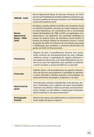 Orientações Técnicas: Serviços de Acolhimento para Crianças e Adolescentes




                                        Norma Operacional Básica de Recursos Humanos do SUAS,
                                        que tem por finalidade primordial estabelecer parâmetros ge-
      NOB/RH - SUAS
                                        rais para a política de recursos humanos a ser implementada
                                        na área da Assistência Social
                                        Disciplina a gestão pública da Política de Assistência Social
                                        no território brasileiro, exercida de modo sistêmico entre
                                        os entes federativos, em consonância com a Constituição
      Norma                             Federal da República de 1988, a LOAS e as legislações com-
      Operacional                       plementares a ela aplicáveis. Seu conteúdo estabelece a)
      Básica – NOB/                     caráter do Sistema Único da Assistência Social (SUAS); b)
      SUAS                              funções da Política Pública de Assistência Social; c) níveis
                                        da gestão do SUAS; d) instâncias de articulação, pactuação
                                        e deliberação que compõem o processo democrático de
                                        gestão do SUAS; e) financiamento.

                                         Registro de atos e procedimentos técnicos com atuali-
                                         zação contínua do acompanhamento do caso, utilizado
                                         conforme acesso e capacidade do registro eletrônico e
      Prontuários
                                         das exigências do serviço, a ser disponibilizado ao (a) usu-
                                         ário (a) se assim for requerido e que subsidia os relatórios
                                         a serem enviados a Justiça da Infância e Juventude.

                                         Padrões éticos e de procedimentos do agente institucio-
                                         nal e de técnicos que produzem a qualidade de atenções
      Protocolos
                                         a serem ofertadas a famílias, pessoas e comunidades, no
                                         desenvolvimento de projetos, programas e serviços.

                                         Formada pelas relações estabelecidas entre pessoas, gru-
                                         pos e instituições com o objetivo de suprir necessidades
      Rede Social de
                                         materiais e/ou afetivas. Pode ser primária, incluindo fami-
      Apoio
                                         liares e amigos, ou secundárias, composta por instituições
                                         governamentais e não-governamentais121.

      Reintegração                       Retorno da criança e do adolescente ao contexto da famí-
      Familiar                           lia de origem da qual se separou.




12




121
      SANICOLA, Lia. As dinâmicas de rede e o trabalho social. São Paulo: Veras editora, 2008.




                                                                                                                        109
 