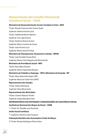 Representantes do Conselho Nacional de
     Assistência Social – CNAS
     Ministério do Desenvolvimento Social e Combate à Fome - MDS
     Titular: Renato Francisco dos Santos Paula
     Suplente: Helena Ferreira Lima
     Titular: Valdete de Barros Martins
     Suplente: Ana Lígia Gomes
     Titular: Verônica Pereira Gomes
     Suplente: Maura Luciane de Souza
     Titular: José Ferreira Crus
     Suplente: Maria José de Freitas
     Ministério do Planejamento, Orçamento e Gestão - MPOG
     Titular: José Geraldo França Diniz
     Suplente: Mauro Ceza Nogueira do Nascimento
     Ministério da Previdência Social - MPS
     Titular: Rose Mary Oliveira
     Suplente: Fátima Aparecida Rampin
     Ministério do Trabalho e Emprego – MTE e Ministério da Fazenda - MF
     Titular: Edna Aparecida Alegro (MF)
     Suplente: Maurício Sarda Faria (MTE)
     Representante dos Estados
     Titular: Heloisa Mesquita
     Suplente: Tânia Mara Garib
     Representante dos Municípios
     Titular: Charles Roberto Pranke
     Suplente: Sérgio Wanderly Silva
     REPRESENTANTES DAS ENTIDADES E ORGANIZAÇÕES DE ASSISTÊNCIA SOCIAL
     Conferência Nacional dos Bispos do Brasil – CNBB
     1º Titular: Pe. Nivaldo Luiz Pessinatti
     União Social Camiliana
     1º Suplente: Antônio Celso Pasquini
     Federação Brasileira das Associações Cristãs de Moços
     2º Titular: Renata Rodrigues Flores Alves




12
 