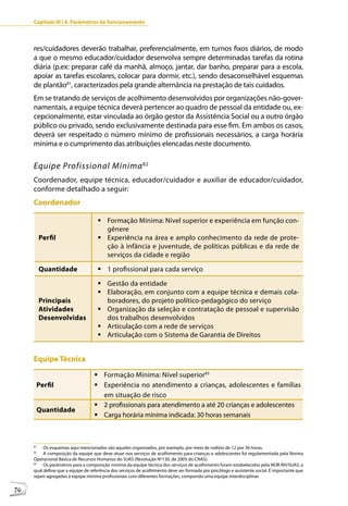 Capítulo III | 4. Parâmetros de funcionamento



     res/cuidadores deverão trabalhar, preferencialmente, em turnos fixos diários, de modo
     a que o mesmo educador/cuidador desenvolva sempre determinadas tarefas da rotina
     diária (p.ex: preparar café da manhã, almoço, jantar, dar banho, preparar para a escola,
     apoiar as tarefas escolares, colocar para dormir, etc.), sendo desaconselhável esquemas
     de plantão81, caracterizados pela grande alternância na prestação de tais cuidados.
     Em se tratando de serviços de acolhimento desenvolvidos por organizações não-gover-
     namentais, a equipe técnica deverá pertencer ao quadro de pessoal da entidade ou, ex-
     cepcionalmente, estar vinculada ao órgão gestor da Assistência Social ou a outro órgão
     público ou privado, sendo exclusivamente destinada para esse fim. Em ambos os casos,
     deverá ser respeitado o número mínimo de profissionais necessários, a carga horária
     mínima e o cumprimento das atribuições elencadas neste documento.


     Equipe Profissional Mínima 82
     Coordenador, equipe técnica, educador/cuidador e auxiliar de educador/cuidador,
     conforme detalhado a seguir:
     Coordenador

                                     	Formação Mínima: Nível superior e experiência em função con-
                                       gênere
          Perfil                     	Experiência na área e amplo conhecimento da rede de prote-
                                       ção à infância e juventude, de políticas públicas e da rede de
                                       serviços da cidade e região

          Quantidade                 	1 profissional para cada serviço

                                     	Gestão da entidade
                                     	Elaboração, em conjunto com a equipe técnica e demais cola-
          Principais                   boradores, do projeto político-pedagógico do serviço
          Atividades                 	Organização da seleção e contratação de pessoal e supervisão
          Desenvolvidas                dos trabalhos desenvolvidos
                                     	Articulação com a rede de serviços
                                     	Articulação com o Sistema de Garantia de Direitos


     Equipe Técnica 83
                                   	Formação Mínima: Nível superior83
      Perfil                       	Experiência no atendimento a crianças, adolescentes e famílias
                                     em situação de risco
                                   	2 profissionais para atendimento a até 20 crianças e adolescentes
      Quantidade
                                   	Carga horária mínima indicada: 30 horas semanais



     81
          Os esquemas aqui mencionados são aqueles organizados, por exemplo, por meio de rodízio de 12 por 36 horas.
     82
          A composição da equipe que deve atuar nos serviços de acolhimento para crianças e adolescentes foi regulamentada pela Norma
     Operacional Básica de Recursos Humanos do SUAS (Resolução Nº130, de 2005 do CNAS).
     83
          Os parâmetros para a composição mínima da equipe técnica dos serviços de acolhimento foram estabelecidos pela NOB-RH/SUAS, a
     qual define que a equipe de referência dos serviços de acolhimento deve ser formada por psicólogo e assistente social. É importante que
     sejam agregados à equipe mínima profissionais com diferentes formações, compondo uma equipe interdisciplinar.

70
 