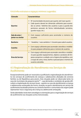 Orientações Técnicas: Serviços de Acolhimento para Crianças e Adolescentes




4.4.6 Infra-estrutura e espaços mínimos sugeridos

  Cômodo                               Características

                                        	Nº recomendado de jovens por quarto: até 4 por quarto
                                        	Cada quarto deverá ter dimensão suficiente para acomo-
  Quartos                                 dar as camas / beliches dos usuários e para a guarda dos
                                          pertences pessoais de forma individualizada (armários,
                                          guarda-roupa, etc.).

  Sala de estar /                       	Com espaço suficiente para acomodar o número de
  jantar ou similar                       usuários.

  Banheiro                              	1 lavatório, 1 vaso sanitário e 1 chuveiro para cada 6 usuários.

                                        	Com espaço suficiente para acomodar utensílios e mobiliá-
  Cozinha
                                          rio para preparar alimentos para o número de usuários.

                                        	Com espaço suficiente para acomodar utensílios e mobiliá-
                                          rio para guardar equipamentos, objetos e produtos de lim-
  Área de Serviço                         peza e propiciar o cuidado com a higiene da república, com
                                          a roupa de cama, mesa, banho e pessoal para o número de
                                          usuários atendido.


4.5 Regionalização do Atendimento nos Serviços de
Acolhimento
Excepcionalmente pode ser necessária e justificável a regionalização do atendimen-
to nos serviços de acolhimento de crianças e adolescentes afastados do convívio
familiar ou de Repúblicas para jovens. Esta situação pode ser observada tanto no
caso de municípios de pequeno porte105 - cuja demanda e condições de gestão difi-
cultem a implantação de serviços locais - quanto no caso do atendimento a crianças
e adolescentes ameaçados de morte, situação na qual o atendimento em serviço de
acolhimento localizado próximo ao contexto familiar e comunitário de origem pode
representar risco à segurança da criança ou adolescente ameaçado.
Serão abordados neste item estratégias e orientações para a organização de serviços
de acolhimento nas situações acima mencionadas.




105
      Municípios de Pequeno Porte I: até 20.000 habitantes; Municípios de Pequeno Porte II: até 50.000. habitantes



                                                                                                                       97
 