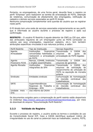 Conectividade Social ICP                            Guia de orientações ao usuário


Portanto, os empregadores, de uma forma geral, deverão fazer o registro no
perfil “Empresa” para realizarem as tarefas de arrecadação de FGTS, obtenção
de relatórios, comunicação de afastamento dos empregados, retificação de
cadastro e demais serviços associados ao perfil PJ Amplo.
Nenhuma comprovação complementar será querida do usuário que se registrar
neste perfil.

O PJ Amplo tem uma cesta de serviços associados originariamente ao seu perfil,
que é informada ao usuário durante o processo de registro e após sua
confirmação.

RESTRITO – O usuário PJ Restrito é aquele detentor de CNPJ ou CEI que, além
das atribuições regulares de um empregador junto ao FGTS (arrecadar os
valores aos seus empregados, regularizar cadastro, etc.), tem também
atribuições específicas vinculadas à sua natureza jurídica, a saber:

Perfil Restrito     Tipo de Instituição            Serviço Específico
Agente              Instituições     financeiras   Transmissão à CAIXA dos
Arrecadador         conveniadas habilitadas a      arquivos    de     guias  de
                    realizarem a arrecadação       arrecadação do FGTS logadas
                    do FGTS
Agente              Bancos, COHAB, Institutos
                                       Transmissão à CAIXA dos
Financeiro FCVS     e órgãos assemelhados
                                       arquivos de garantias
Agente Moradia      Instituições     financeiras
                                       Transmissão à CAIXA dos
                    integrantes do SFH arquivos de solicitação de
                                       ressarcimento de utilização de
                                       FGTS na aquisição de moradia
                                       própria
Sindicato      Entidades sindicais     Comunicação de homologação
                                       de rescisão contratual dos
                                       trabalhadores
SRTE           Superintendências       Comunicação de homologação
               Regionais do Trabalho e de rescisão contratual dos
               Emprego - MTE           trabalhadores
Unidade meio – Uso interno da CAIXA    -
STA

Os documentos exigidos para a comprovação do perfil restrito estão disponíveis
no endereço http://www1.caixa.gov.br/download/asp/download.asp, por meio
do download do arquivo “Documentação Perfil Restrito”.


2.2.3       Validade do Registro

Durante o processo de registro, o usuário aceita os termos e condições de uso
do Conectividade Social ICP. Caso a CAIXA identifique qualquer indício de
irregularidade no uso do canal ou potencial risco ao trabalhador, usuário, FGTS,


                                                                                13
 