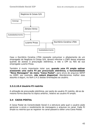 Conectividade Social ICP                                 Guia de orientações ao usuário



              Negócios & Coisas S/A


    Outorga




                    Zenara Verso


Substabelecimento




                    Luiame Prosa                       Escritório Coralina LTDA



                                   Substabelecimento



 Caso o Escritório Coralina LTDA necessite comunicar o afastamento de um
 empregado da Negócios & Coisas S/A, deverá informar o CNPJ dessa empresa
 quando do acesso à procuração eletrônica, e não o CPF ou NIS da sua
 empregada Luiame Prosa.

 Também é muito importante notar que, quando uma PJ ampla estiver
 acessando uma outra PJ por procuração eletrônica, a funcionalidade
 “Nova Mensagem” do menu “Caixa Postal”, para envio de arquivos SEFIP
 ou GRRF, por exemplo, não estará disponível. Abordaremos melhor esse
 assunto a seguir, no item 2.4.2 destas Orientações ao usuário.



 2.3.2.10.4 Usuário PJ restrito

 A utilização de procuração eletrônica, por parte do usuário PJ restrito, dá-se da
 mesma forma descrita no tópico anterior, relativo ao usuário PJ amplo.


 2.4 CAIXA POSTAL

 A Caixa Postal do Conectividade Social é a estrutura pela qual o usuário pode
 gerenciar o envio e recebimento de mensagens e arquivos no canal. Cada PJ
 ampla ou restrita que se registrar no canal passará a deter uma Caixa Postal.




                                                                                      43
 