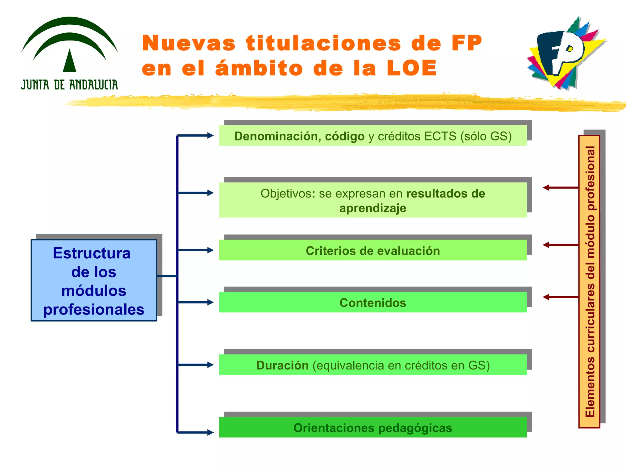 Nuevas titulaciones de FP en el ámbito de la LOE Estructura  de los módulos profesionales Objetivos :  se expresan en  resultados de aprendizaje Criterios de evaluación Duración  (equivalencia en créditos en GS) Orientaciones pedagógicas Denominación, código  y créditos ECTS   (sólo GS) Contenidos Elementos curriculares del módulo profesional 