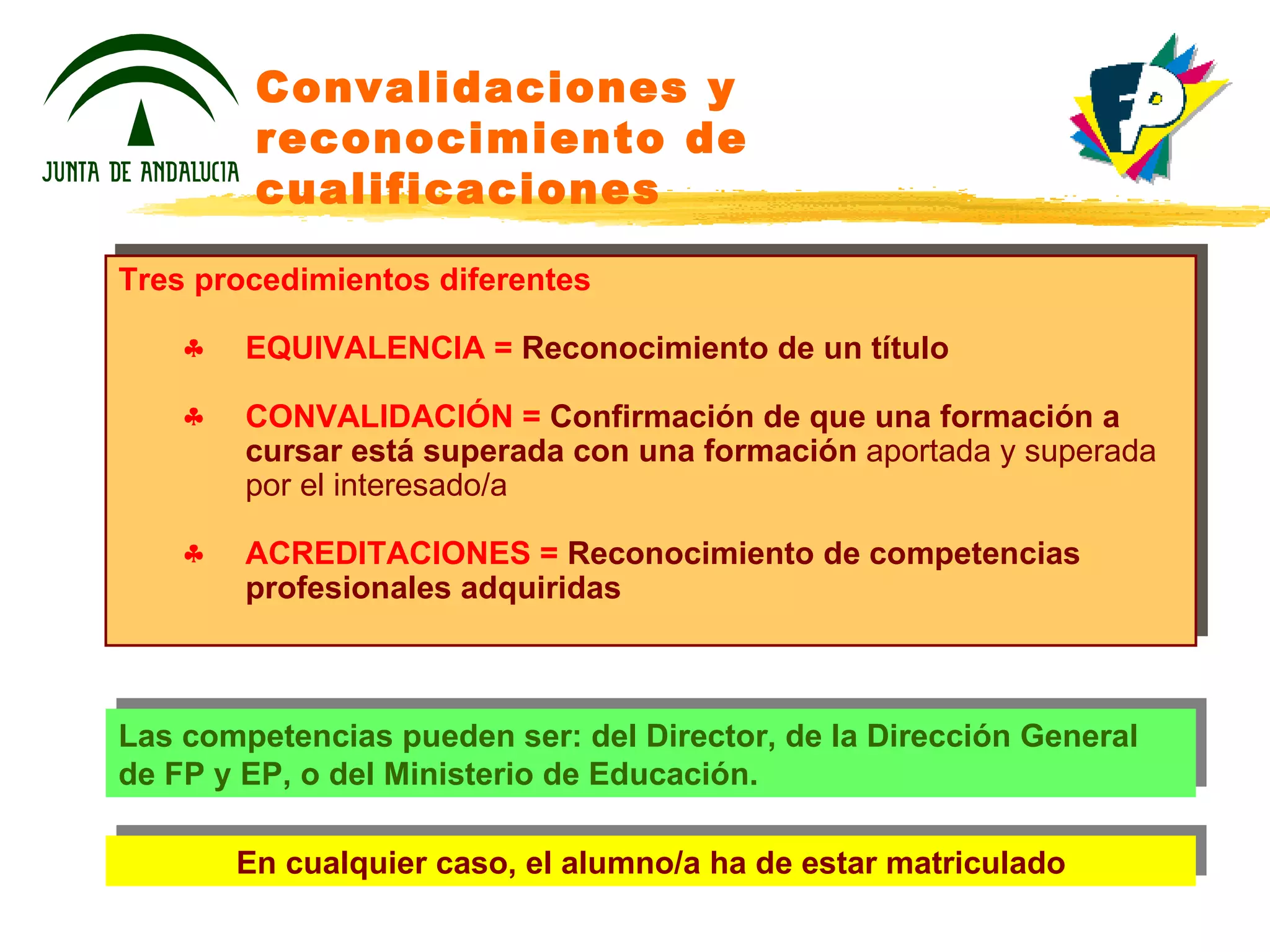 Convalidaciones y reconocimiento de cualificaciones Tres procedimientos diferentes EQUIVALENCIA =  Reconocimiento de un título CONVALIDACIÓN =  Confirmación de que una formación a cursar está superada con una formación  aportada y superada por el interesado/a ACREDITACIONES =  Reconocimiento de competencias profesionales adquiridas Las competencias pueden ser: del Director, de la Dirección General de FP y EP, o del Ministerio de Educación. En cualquier caso, el alumno/a ha de estar matriculado 