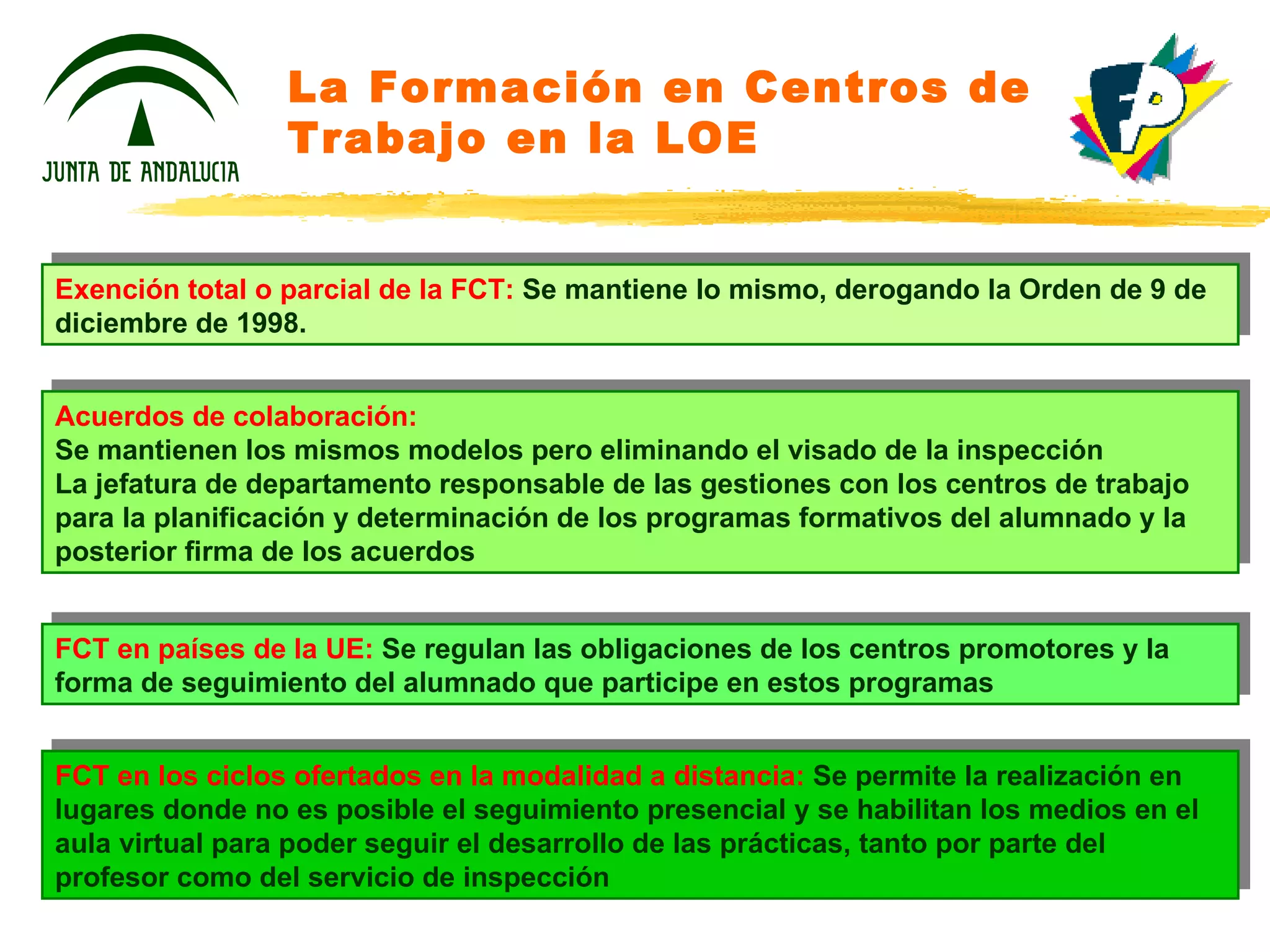 La Formación en Centros de Trabajo en la LOE Exención total o parcial de la FCT:  Se mantiene lo mismo, derogando la Orden de 9 de diciembre de 1998. Acuerdos de colaboración:  Se mantienen los mismos modelos pero eliminando el visado de la inspección La jefatura de departamento responsable de las gestiones con los centros de trabajo para la planificación y determinación de los programas formativos del alumnado y la posterior firma de los acuerdos FCT en países de la UE:  Se regulan las obligaciones de los centros promotores y la forma de seguimiento del alumnado que participe en estos programas FCT en los ciclos ofertados en la modalidad a distancia:  Se permite la realización en lugares donde no es posible el seguimiento presencial y se habilitan los medios en el aula virtual para poder seguir el desarrollo de las prácticas, tanto por parte del profesor como del servicio de inspección 