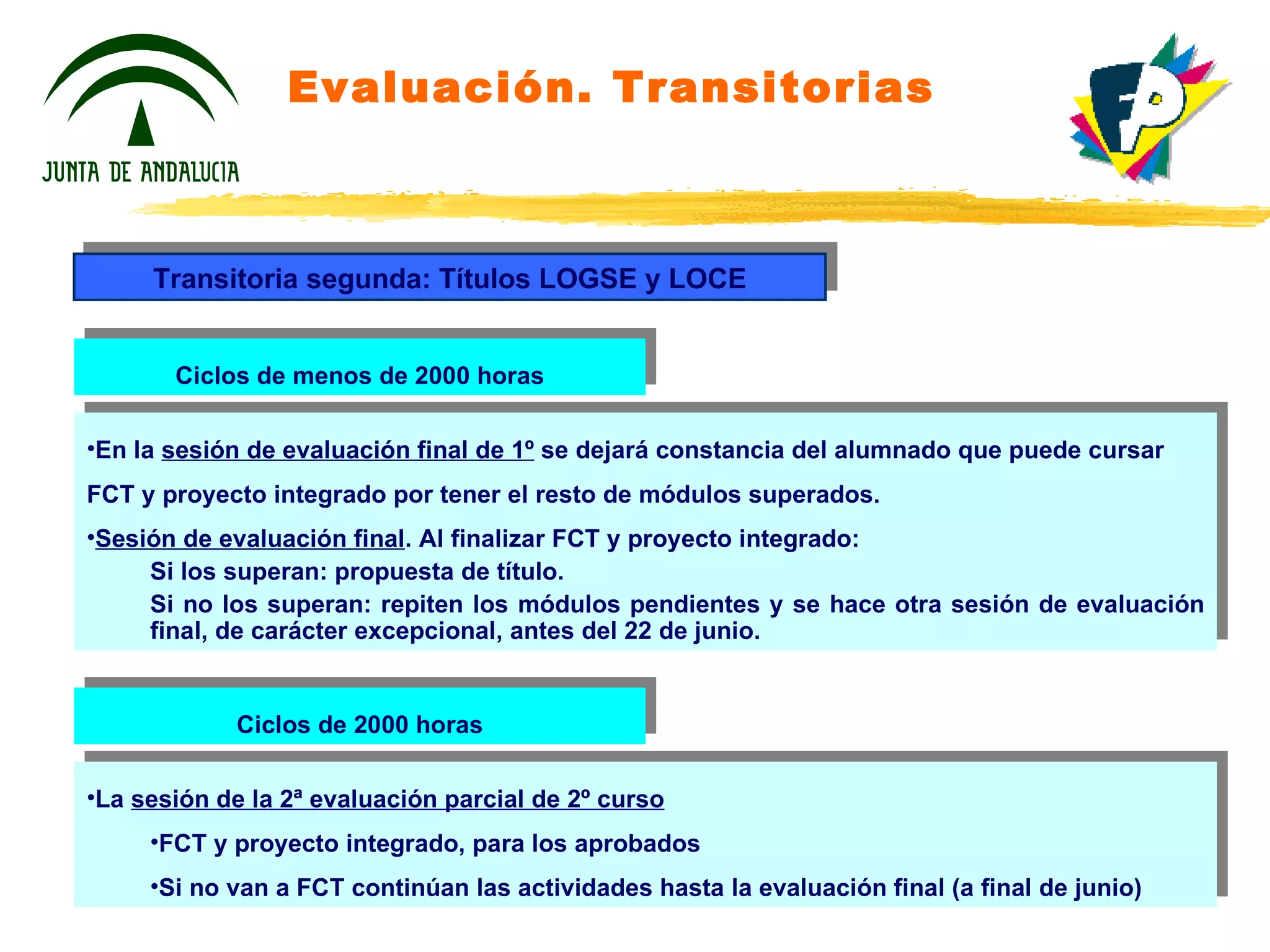 Evaluación. Transitorias Transitoria segunda: Títulos LOGSE y LOCE Ciclos de menos de 2000 horas En la  sesión de evaluación final de 1º  se dejará constancia del alumnado que puede cursar FCT y proyecto integrado por tener el resto de módulos superados.   Sesión de evaluación final . Al finalizar FCT y proyecto integrado: Si los superan: propuesta de título. Si no los superan: repiten los módulos pendientes y se hace otra sesión de evaluación final, de carácter excepcional, antes del 22 de junio . Ciclos de 2000 horas La  sesión de  la 2ª  evaluación parcial de 2º curso FCT y proyecto integrado, para los aprobados Si no van a FCT continúan las actividades hasta la evaluación final (a final de junio) 