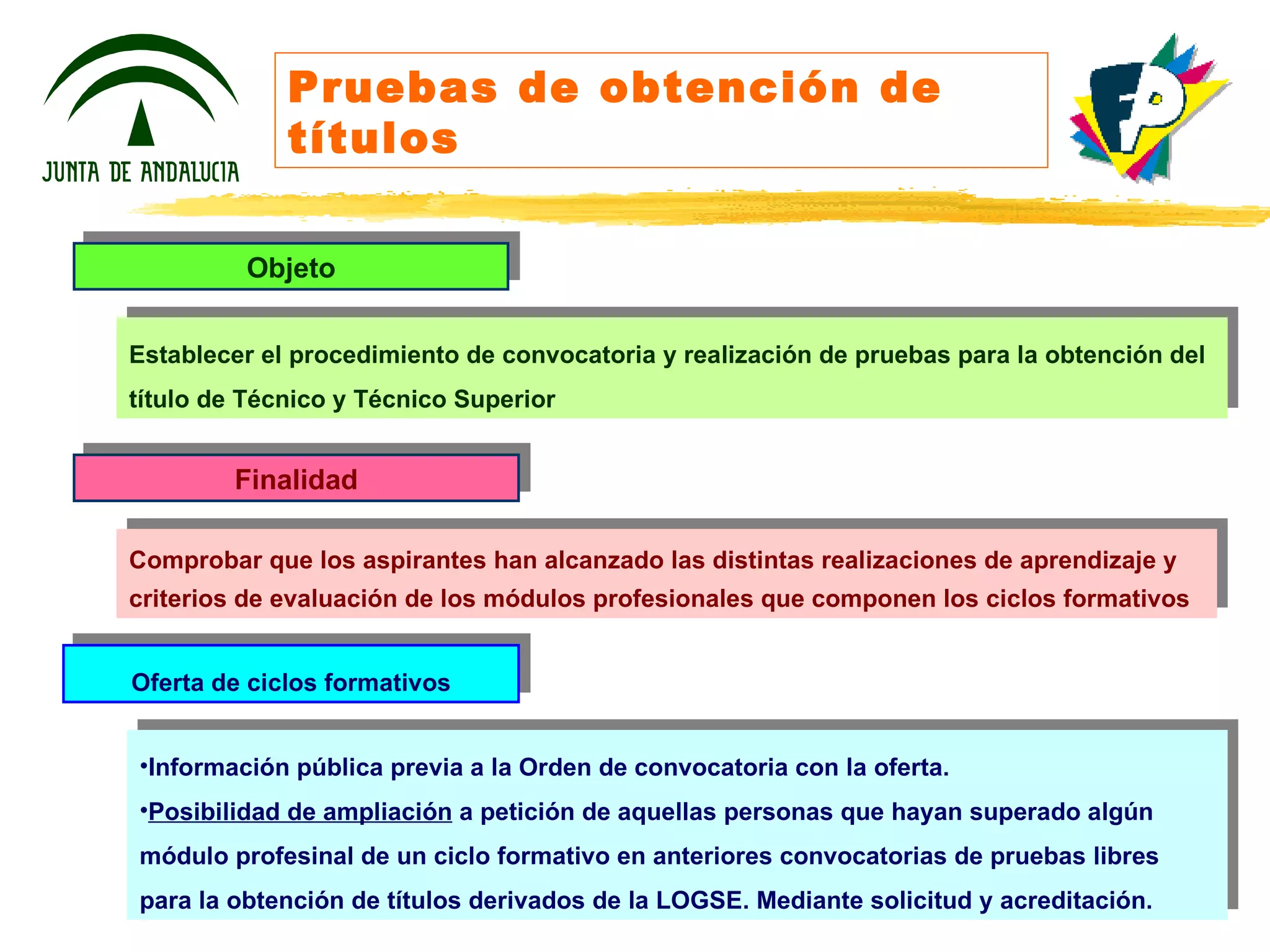 Pruebas de obtención de títulos Objeto Establecer el procedimiento de convocatoria y realización de pruebas para la obtención del título de Técnico y Técnico Superior Finalidad Comprobar que los aspirantes han alcanzado las distintas realizaciones de aprendizaje y criterios de evaluación de los módulos profesionales que componen los ciclos formativos Oferta de ciclos formativos Información pública previa a la Orden de convocatoria con la oferta. Posibilidad de ampliación  a petición de aquellas personas que hayan superado algún módulo profesinal de un ciclo formativo en anteriores convocatorias de pruebas libres para la obtención de títulos derivados de la LOGSE. Mediante solicitud y acreditación. 
