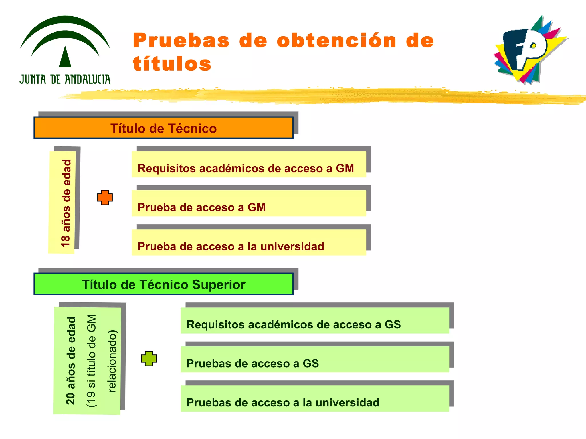 Pruebas de obtención de títulos Título de Técnico 18 años de edad Título de Técnico Superior Requisitos académicos de acceso a GS Requisitos académicos de acceso a GM Prueba de acceso a GM Prueba de acceso a la universidad Pruebas de acceso a GS Pruebas de acceso a la universidad 20 años de edad (19 si título de GM relacionado ) 