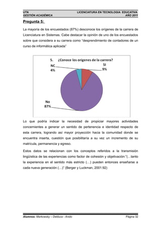 UTN                                    LICENCIATURA EN TECNOLOGIA EDUCATIVA
GESTIÓN ACADÉMICA                                                   AÑO 2011

Pregunta 5:

La mayoría de los encuestados (87%) desconoce los orígenes de la carrera de
Licenciatura en Sistemas. Cabe destacar la opinión de uno de los encuestados
sobre que considera a su carrera como “desprendimiento de contadores de un
curso de informática aplicada”




Lo que podría indicar la necesidad de propiciar mayores actividades
concernientes a generar un sentido de pertenencia e identidad respecto de
esta carrera, logrando así mayor proyección hacia la comunidad donde se
encuentra inserta, cuestión que posibilitaría a su vez un incremento de su
matrícula, permanencia y egreso.

Estos datos se relacionan con los conceptos referidos a la transmisión
lingüística de las experiencias como factor de cohesión y objetivación:”(…tanto
la experiencia en el sentido más estricto (…) pueden entonces enseñarse a
cada nueva generación (…)” (Berger y Luckman, 2001:92)




Alumnos: Markowsky – Delduca - Anido                                  Página 32
 
