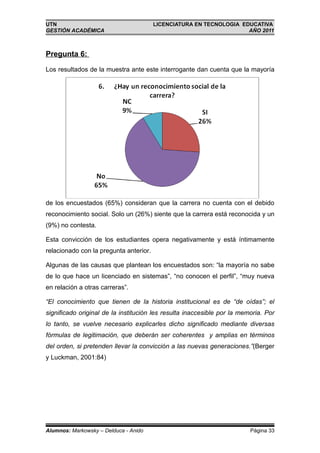 UTN                                     LICENCIATURA EN TECNOLOGIA EDUCATIVA
GESTIÓN ACADÉMICA                                                    AÑO 2011



Pregunta 6:

Los resultados de la muestra ante este interrogante dan cuenta que la mayoría




de los encuestados (65%) consideran que la carrera no cuenta con el debido
reconocimiento social. Solo un (26%) siente que la carrera está reconocida y un
(9%) no contesta.

Esta convicción de los estudiantes opera negativamente y está íntimamente
relacionado con la pregunta anterior.

Algunas de las causas que plantean los encuestados son: “la mayoría no sabe
de lo que hace un licenciado en sistemas”, “no conocen el perfil”, “muy nueva
en relación a otras carreras”.

“El conocimiento que tienen de la historia institucional es de “de oídas”; el
significado original de la institución les resulta inaccesible por la memoria. Por
lo tanto, se vuelve necesario explicarles dicho significado mediante diversas
fórmulas de legitimación, que deberán ser coherentes y amplias en términos
del orden, si pretenden llevar la convicción a las nuevas generaciones.”(Berger
y Luckman, 2001:84)




Alumnos: Markowsky – Delduca - Anido                                     Página 33
 